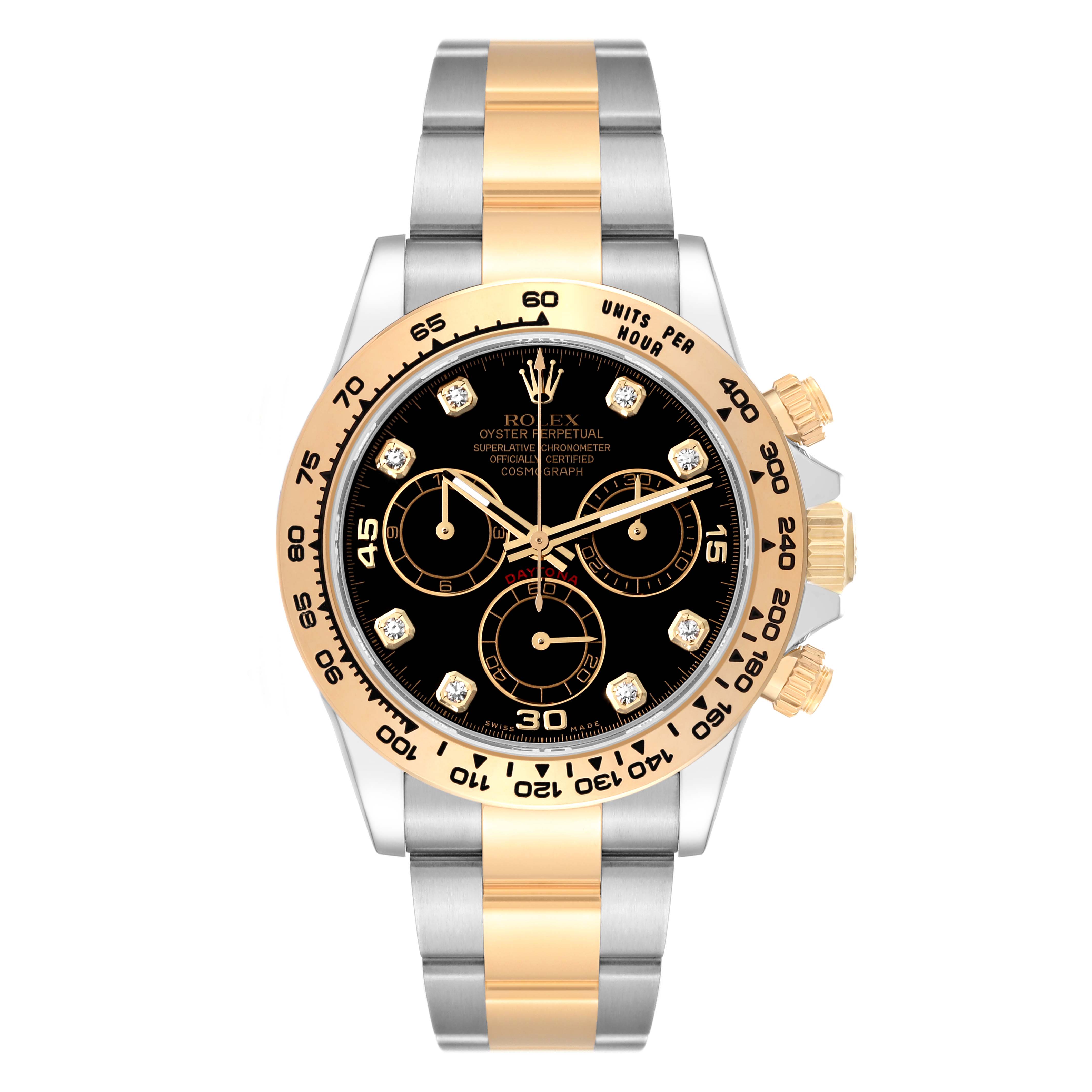 The Rolex Daytona 116503 Men
s Steel and Gold (two tone) Black Dial 116503 Men
s Steel and Gold (two tone) Black Dial watch is shown from a front angle, highlighting its bezel, dial, bracelet, and crown.