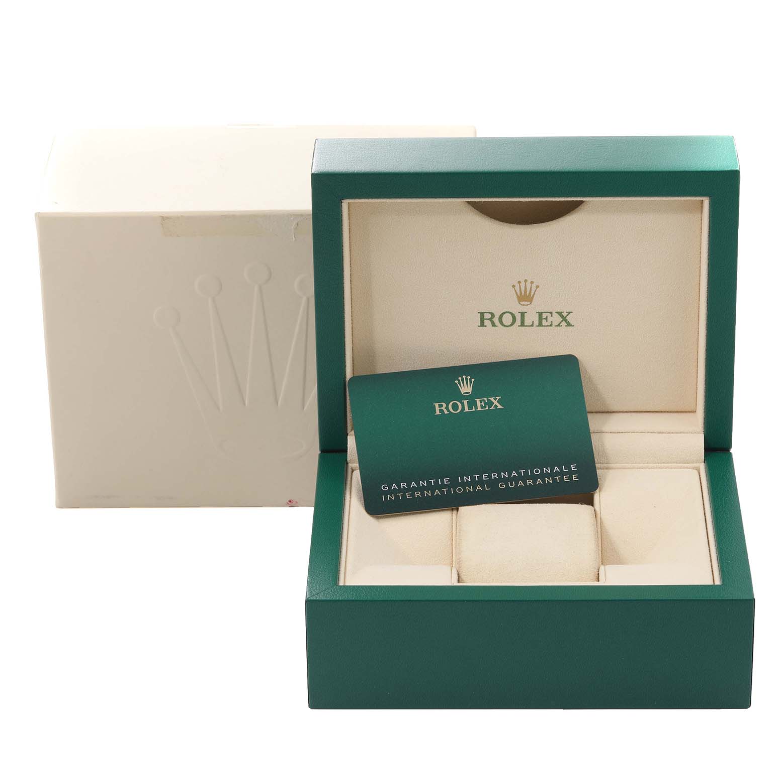 The image shows a Rolex Daytona 116503 Men
s Steel and Gold (two tone) Black Dial 116503 Men
s Steel and Gold (two tone) Black Dial watch box and a guarantee card placed inside it, viewed from the front.