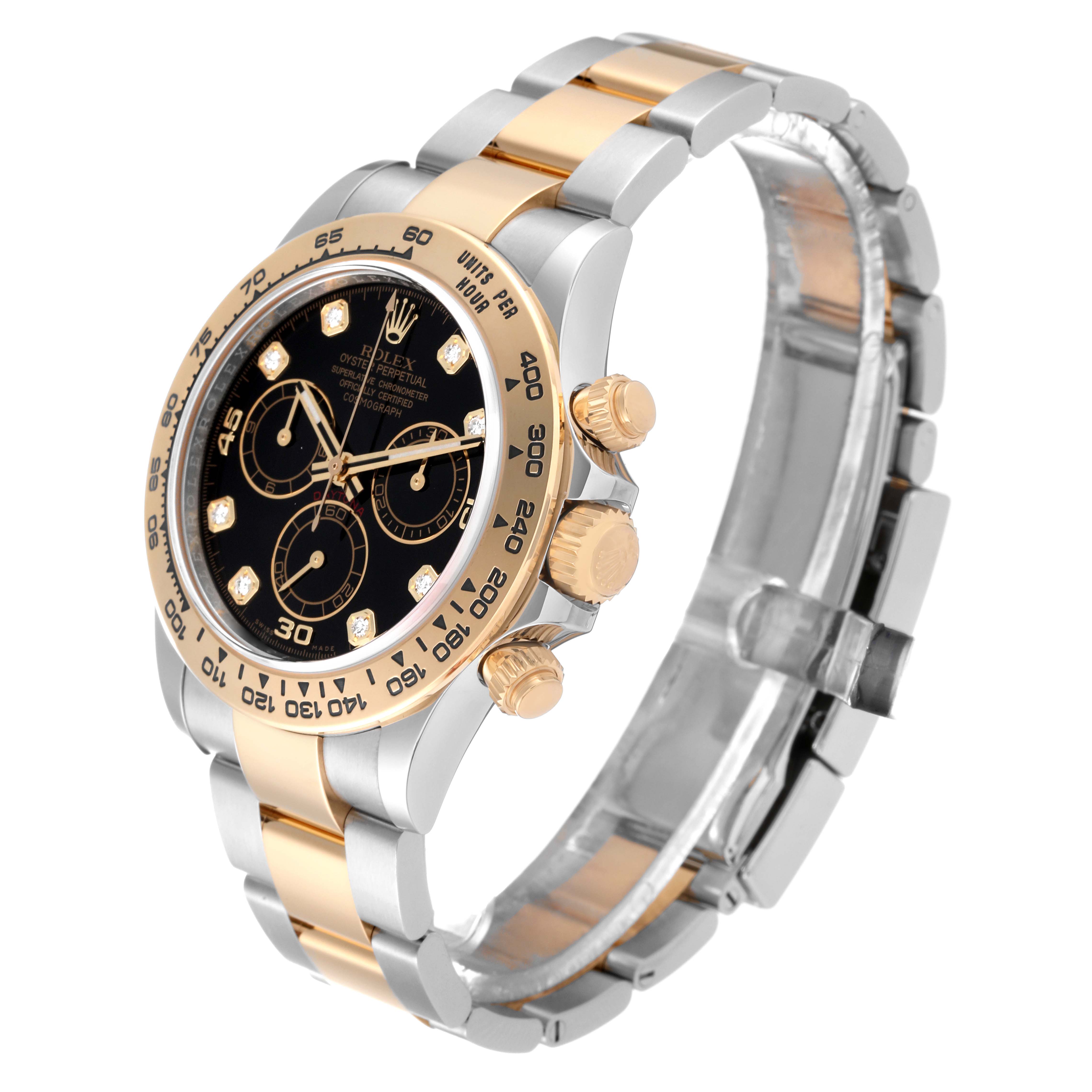 The Rolex Daytona 116503 Men
s Steel and Gold (two tone) Black Dial 116503 Men
s Steel and Gold (two tone) Black Dial watch is shown at a slight side angle, displaying the bezel, dial, bracelet, and crown.