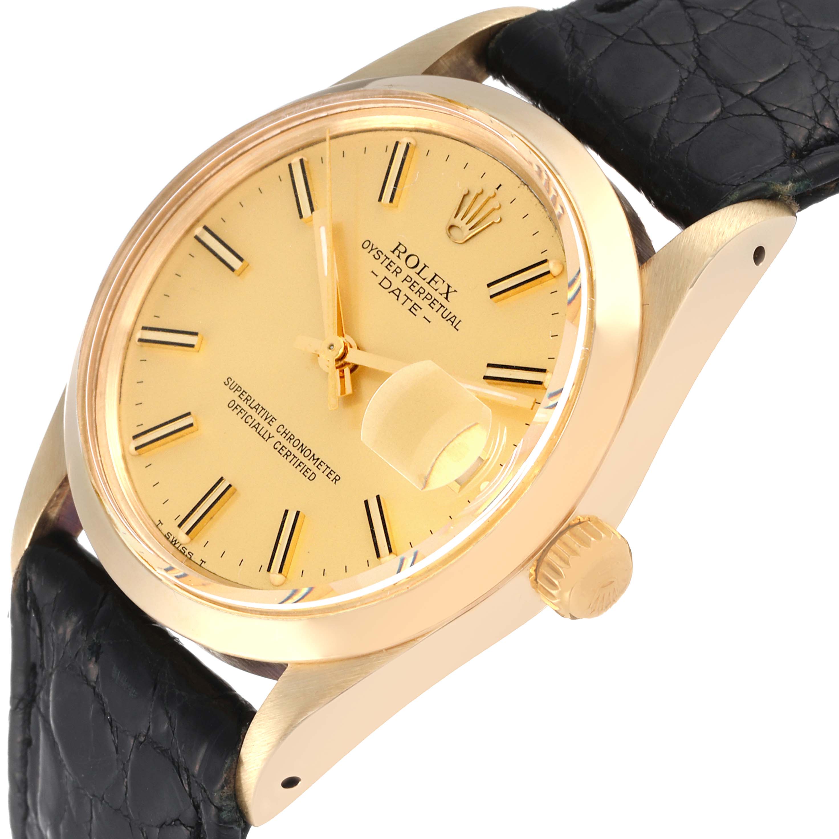 The Rolex Vintage Collection 15007 Men's Yellow Gold Champagne Dial 15007 Men's Yellow Gold Champagne Dial watch is shown at a slight side angle, displaying the dial, crown, and part of the strap.