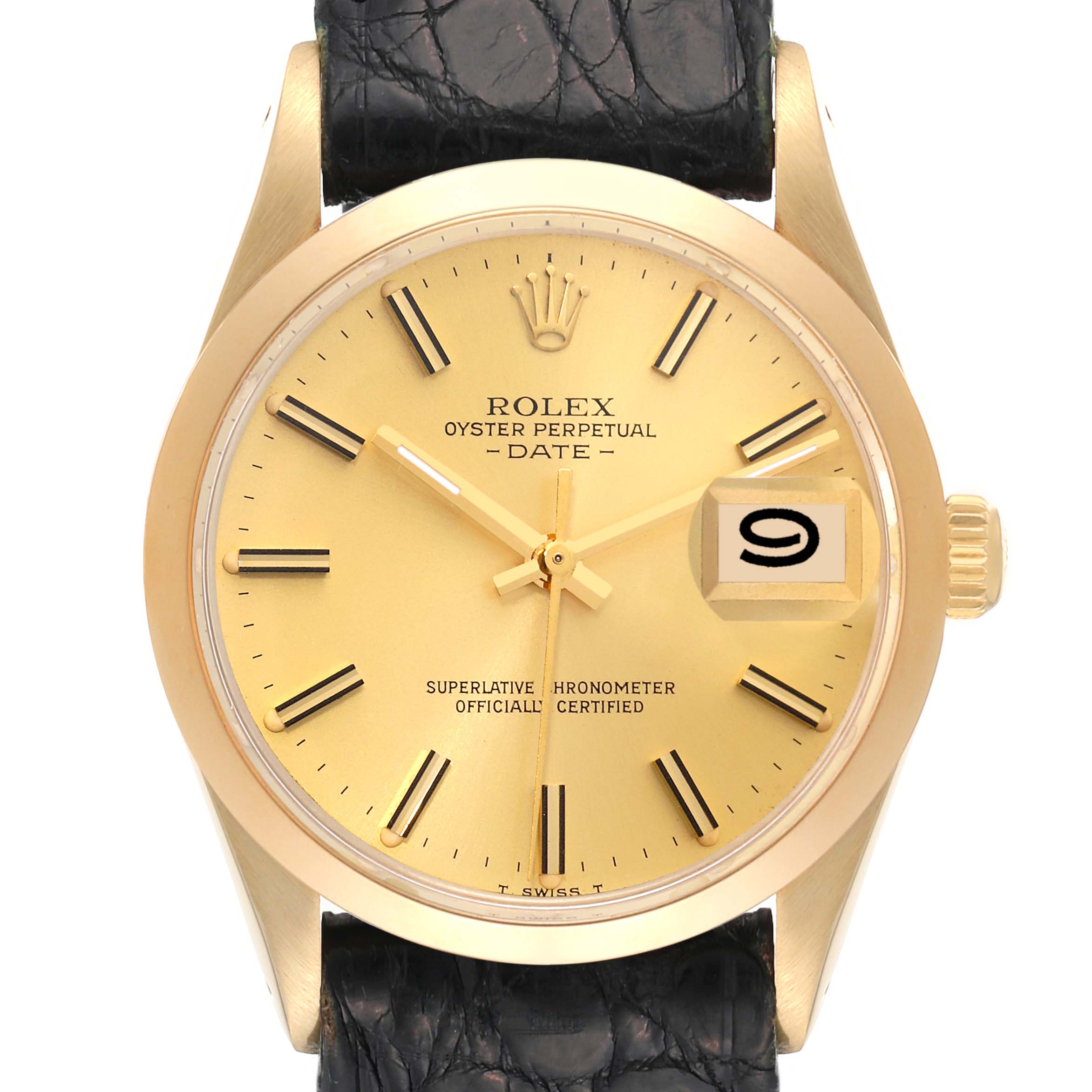 The image shows a frontal view of the Rolex Vintage Collection 15007 Men's Yellow Gold Champagne Dial 15007 Men's Yellow Gold Champagne Dial Oyster Perpetual Date watch, highlighting its gold dial and black leather strap.