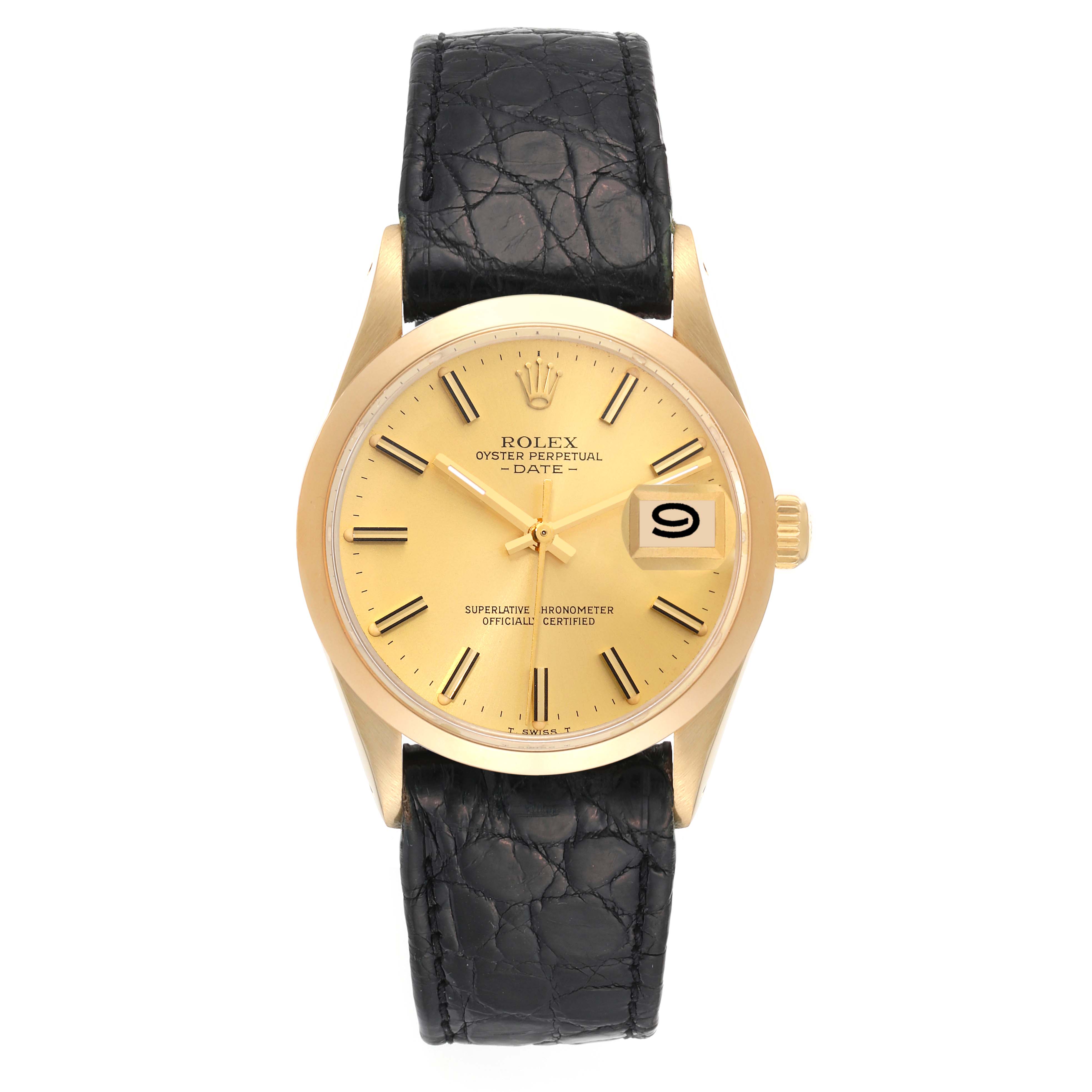 The image shows a frontal view of the Rolex Vintage Collection 15007 Men's Yellow Gold Champagne Dial 15007 Men's Yellow Gold Champagne Dial Oyster Perpetual Date watch with a gold dial and black leather strap.