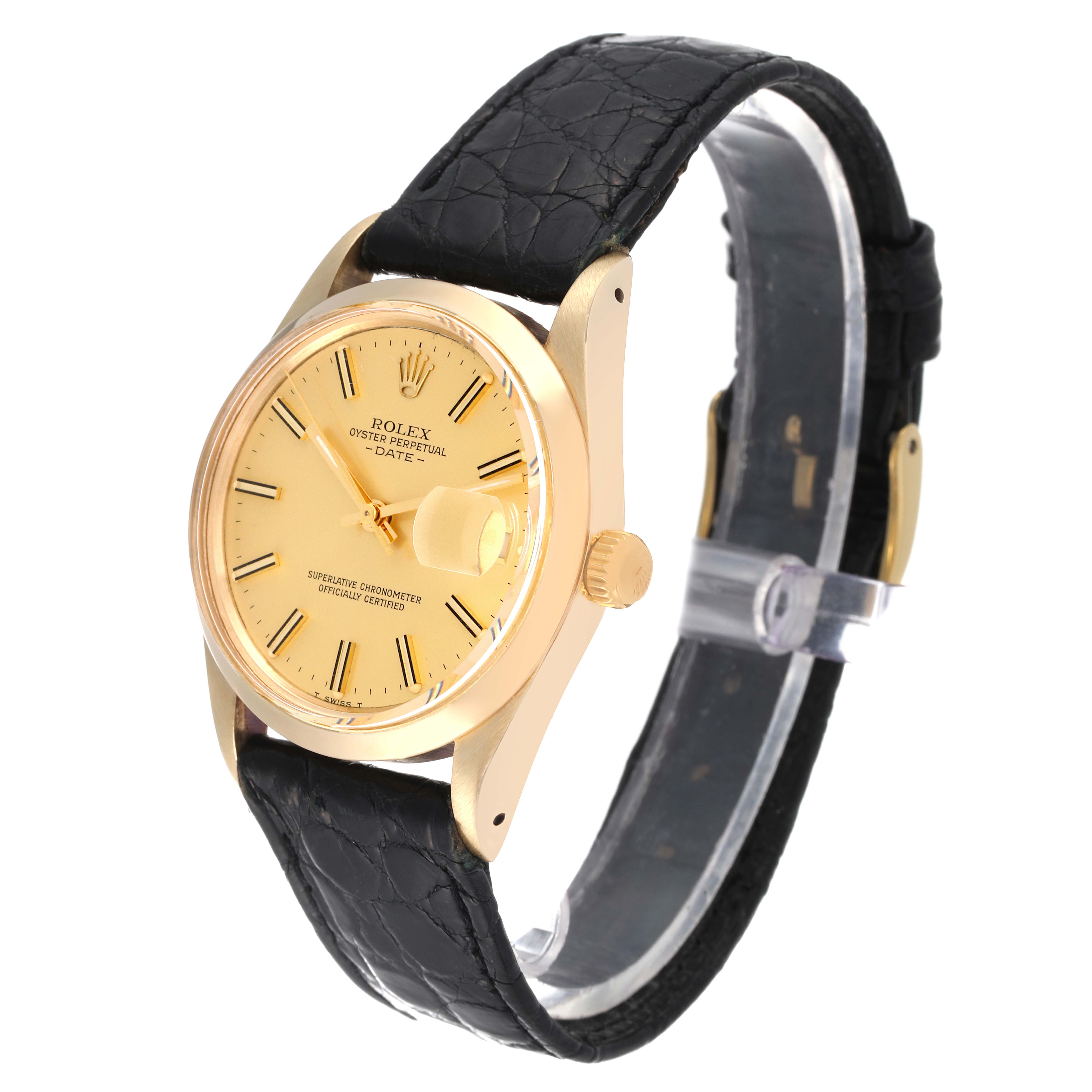 The Rolex Vintage Collection 15007 Men's Yellow Gold Champagne Dial 15007 Men's Yellow Gold Champagne Dial model is shown at a slight angle, highlighting its gold case, dial, and black leather strap.