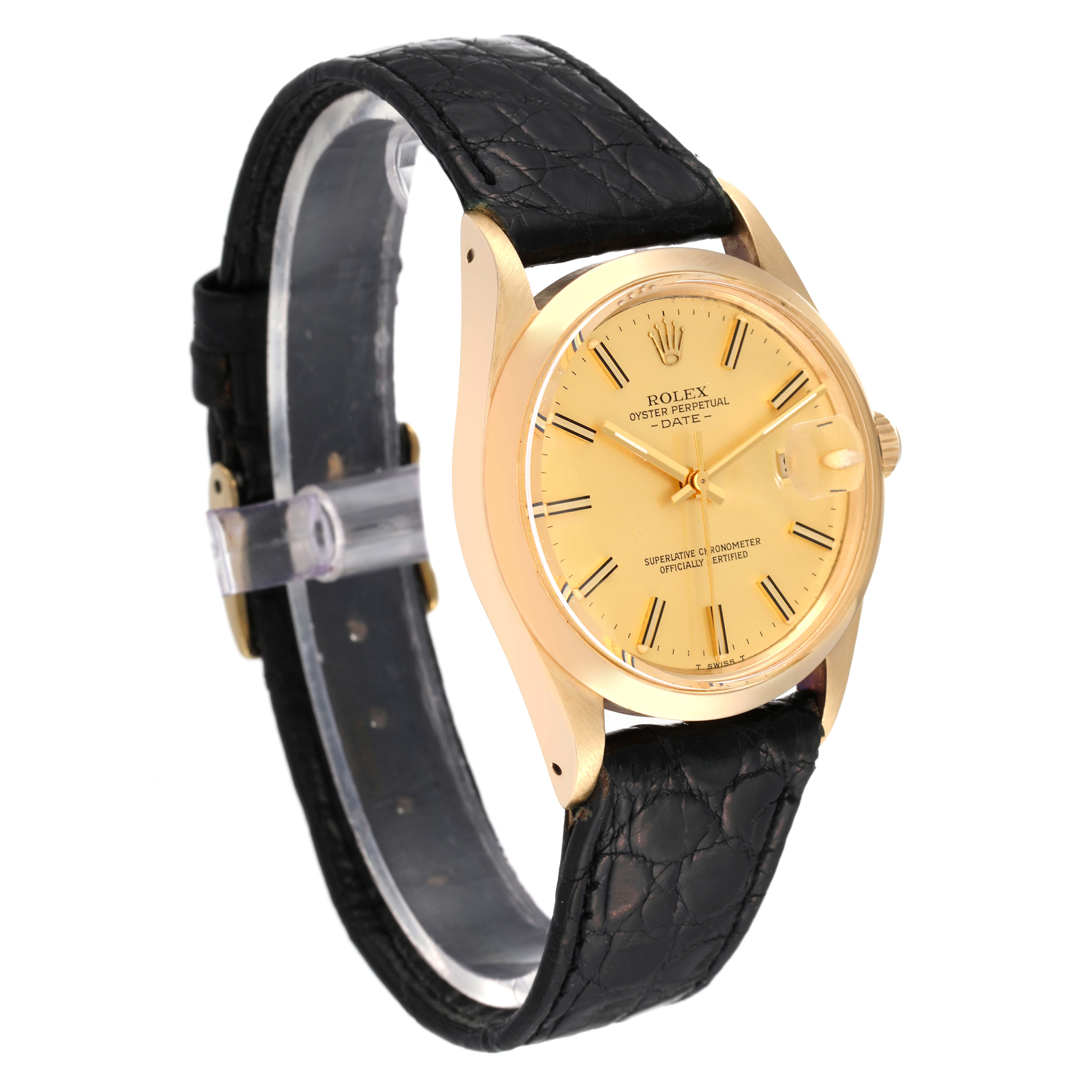 This Rolex Vintage Collection 15007 Men's Yellow Gold Champagne Dial 15007 Men's Yellow Gold Champagne Dial watch is shown from a three-quarter angle, displaying its gold face, black leather strap, and side crown.