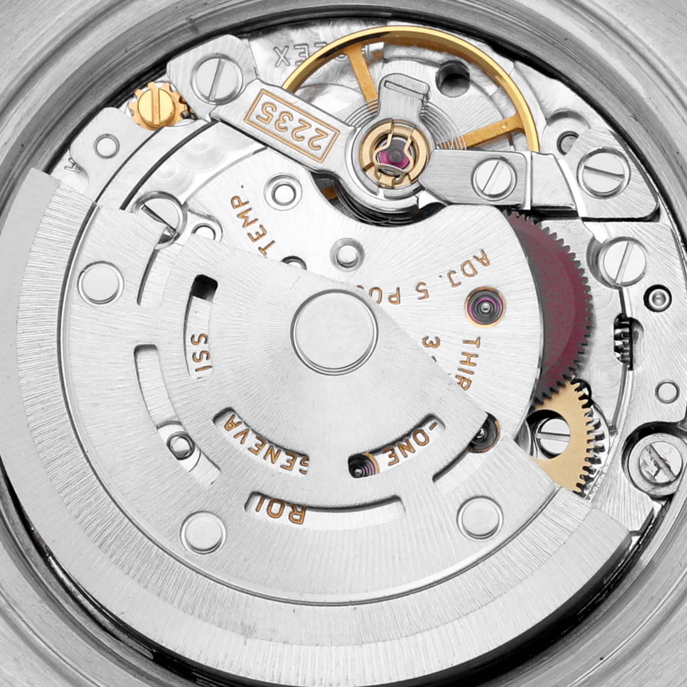 The image shows the movement of a Rolex Date 79190 Women's Stainless Steel Pink Dial 79190 Women's Stainless Steel Pink Dial model watch from the back, highlighting its rotor, gears, and balance wheel.