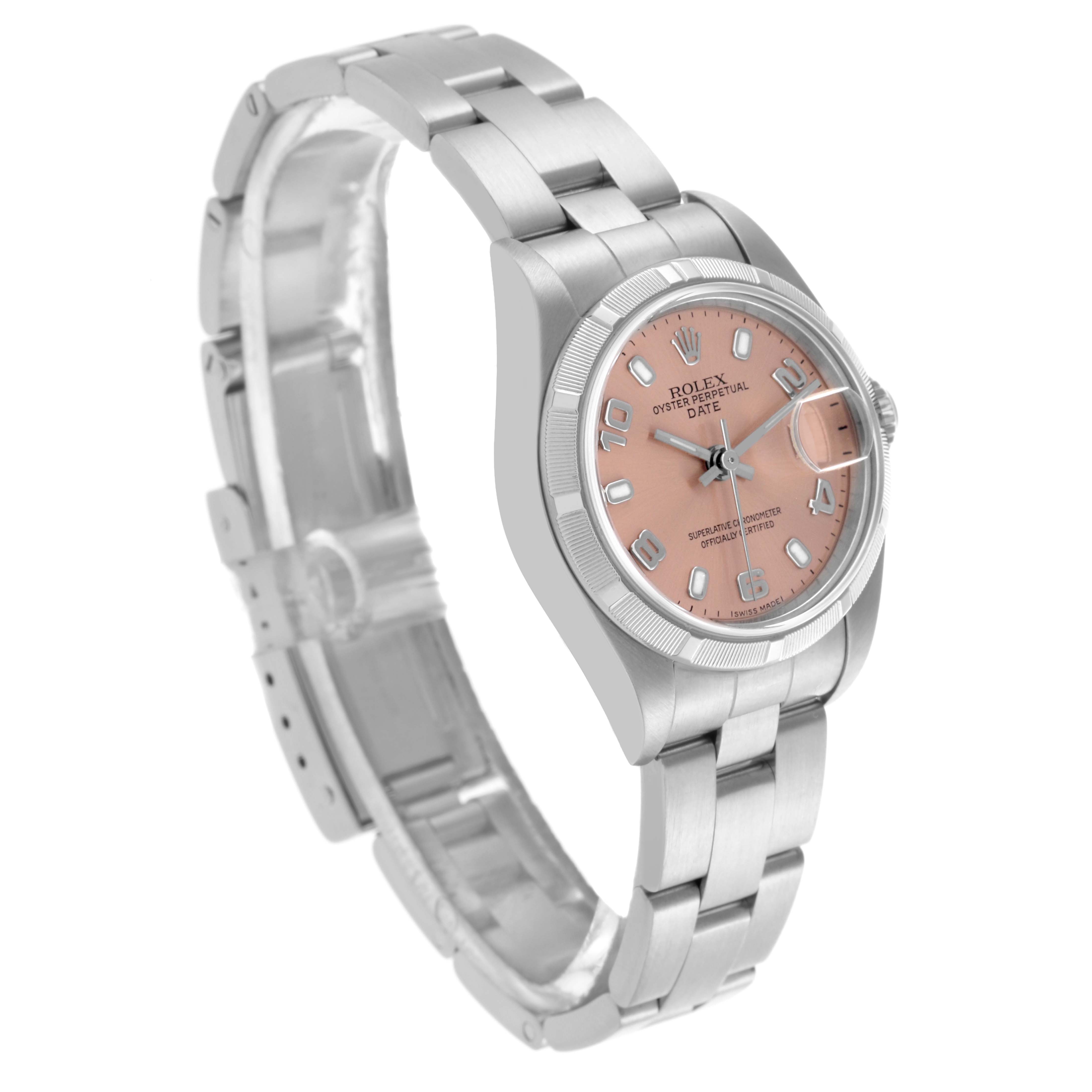 The Rolex Date 79190 Women's Stainless Steel Pink Dial 79190 Women's Stainless Steel Pink Dial model watch is shown from an angled side view, displaying the dial, bezel, crown, and bracelet.