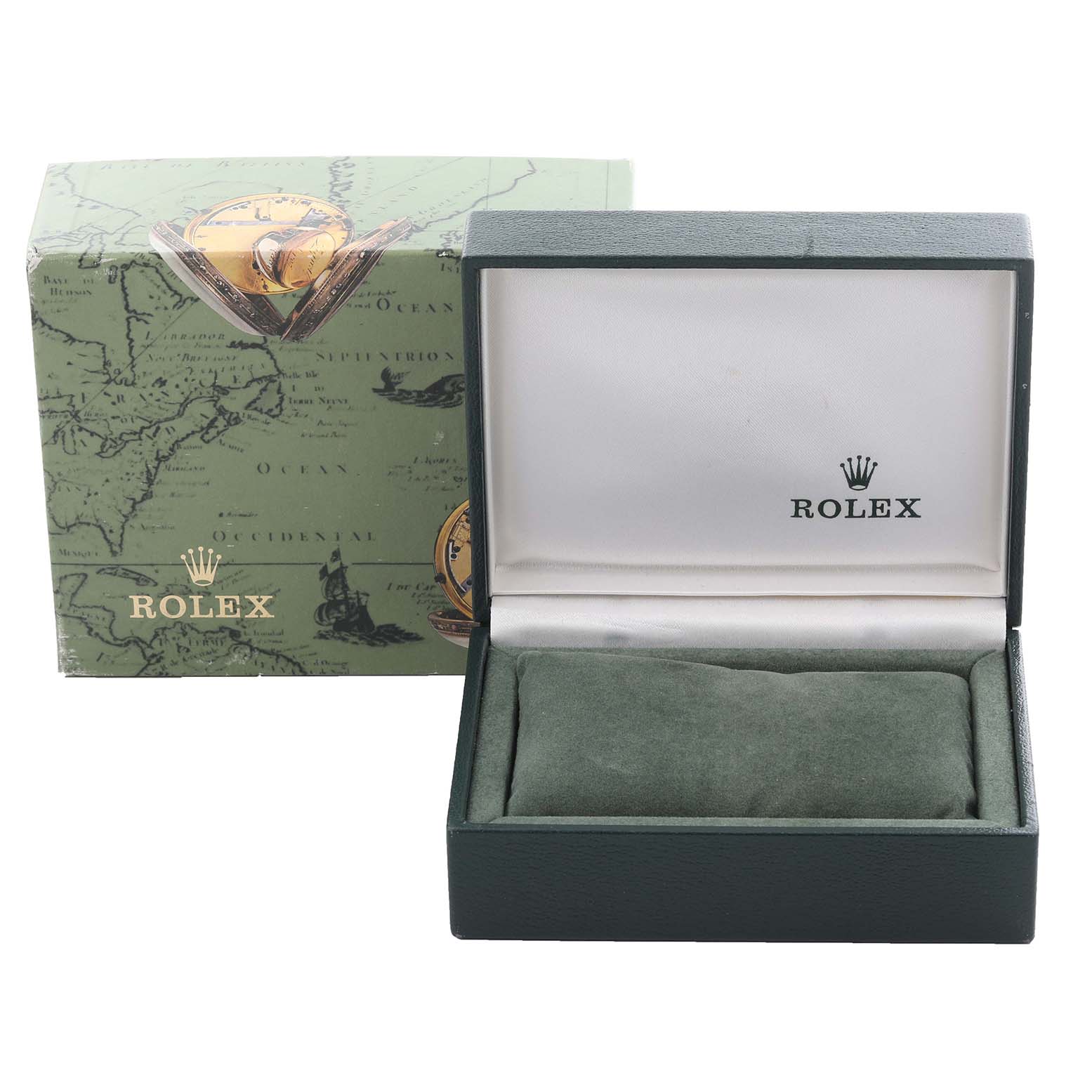 The image shows the box and packaging for a Rolex Date 79190 Women's Stainless Steel Pink Dial 79190 Women's Stainless Steel Pink Dial watch, including an open green case and a decorative outer box.