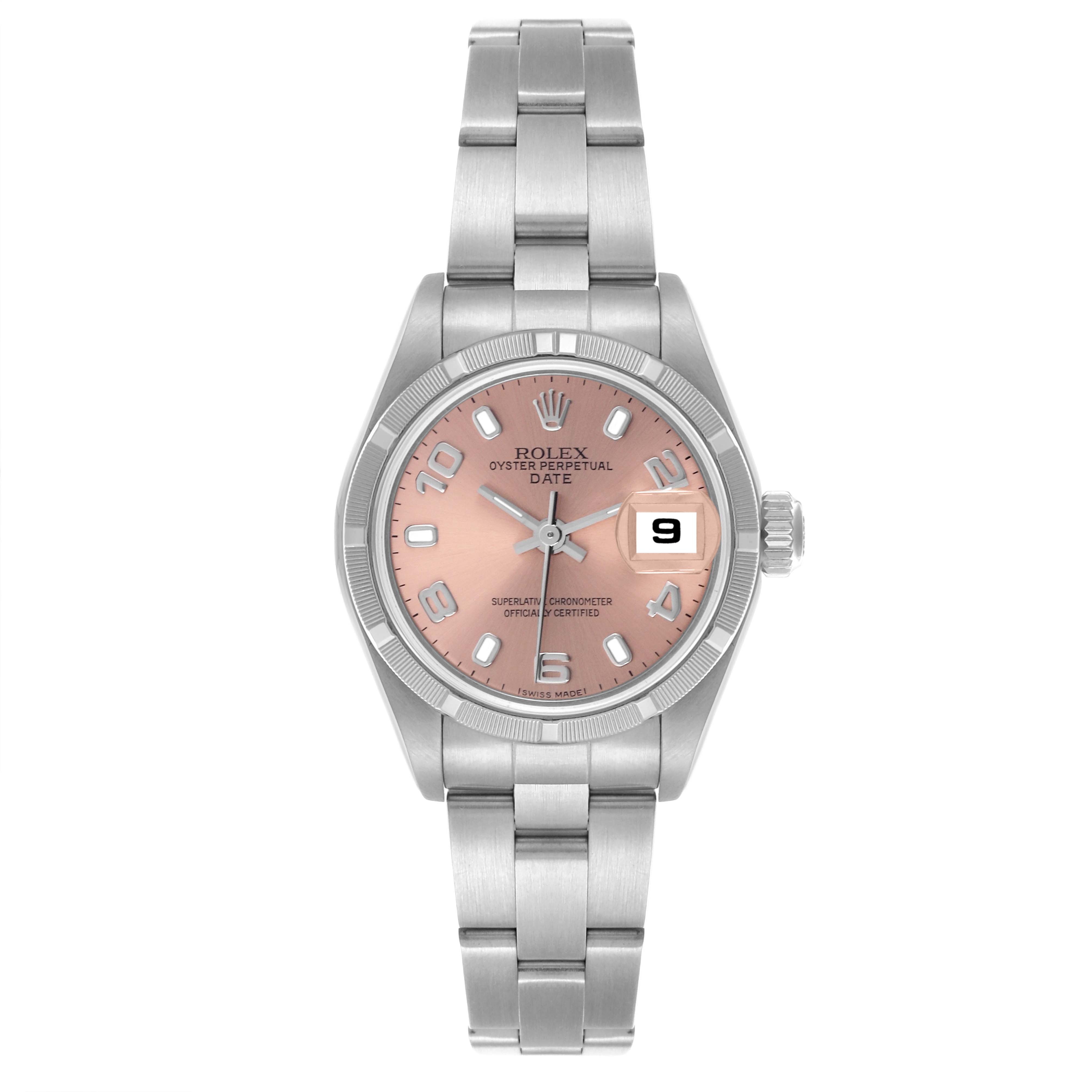 The Rolex Date 79190 Women's Stainless Steel Pink Dial 79190 Women's Stainless Steel Pink Dial watch is shown from a front view, displaying the dial, bezel, and bracelet with visible date.