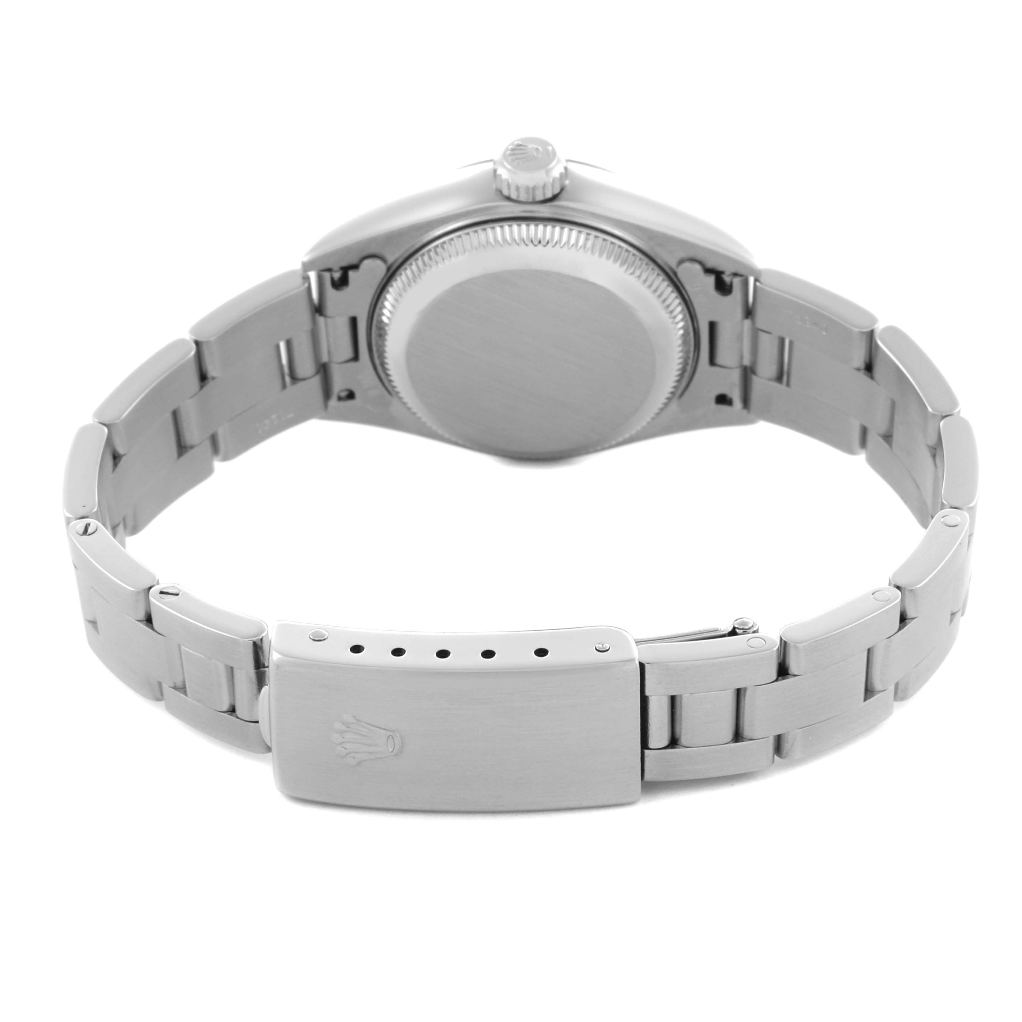 The image shows the back of a Rolex Date 79190 Women's Stainless Steel Pink Dial 79190 Women's Stainless Steel Pink Dial watch, highlighting the case back, bracelet, and clasp.