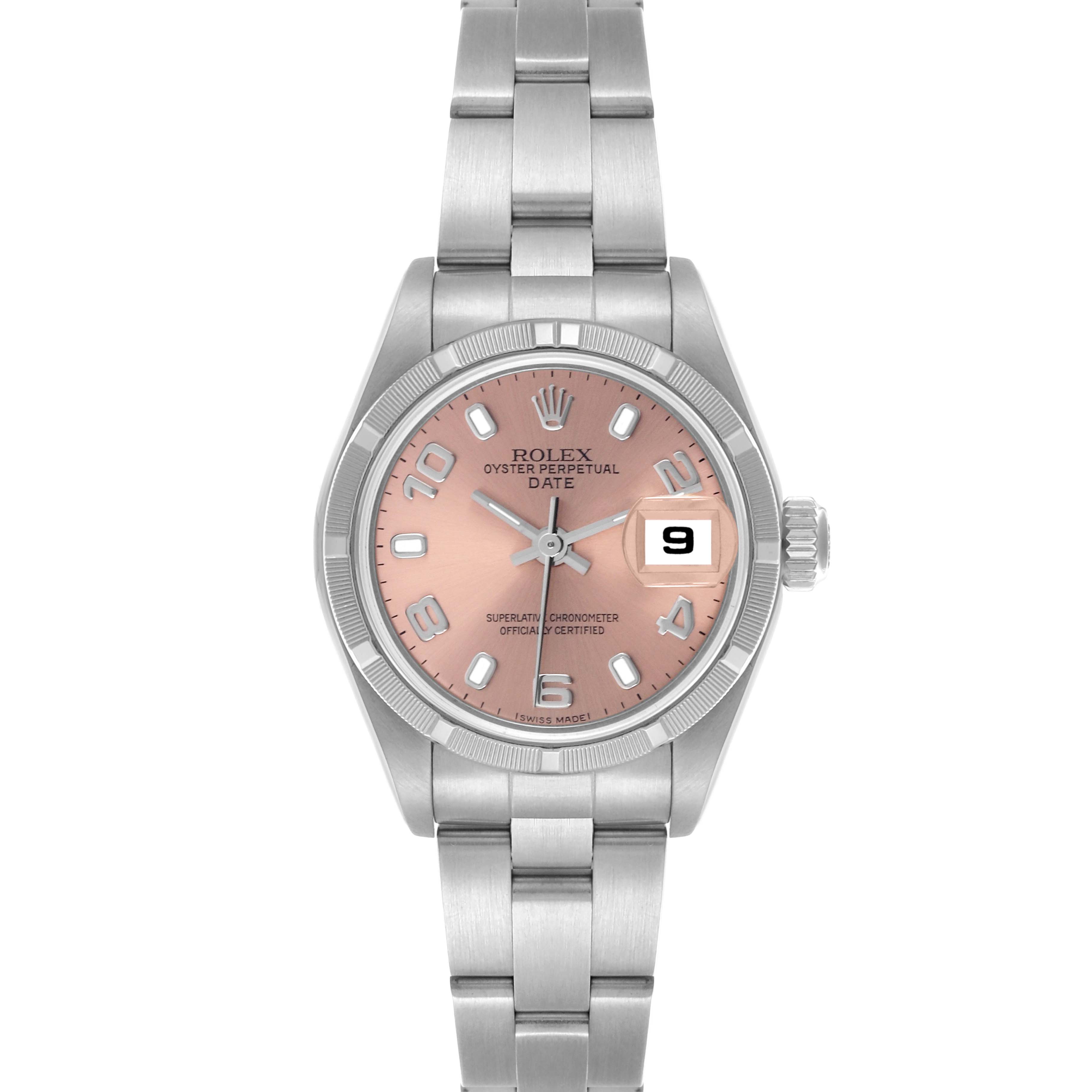 The Rolex Date 79190 Women's Stainless Steel Pink Dial 79190 Women's Stainless Steel Pink Dial watch is shown from the front, displaying the dial, hands, bracelet, and date window.