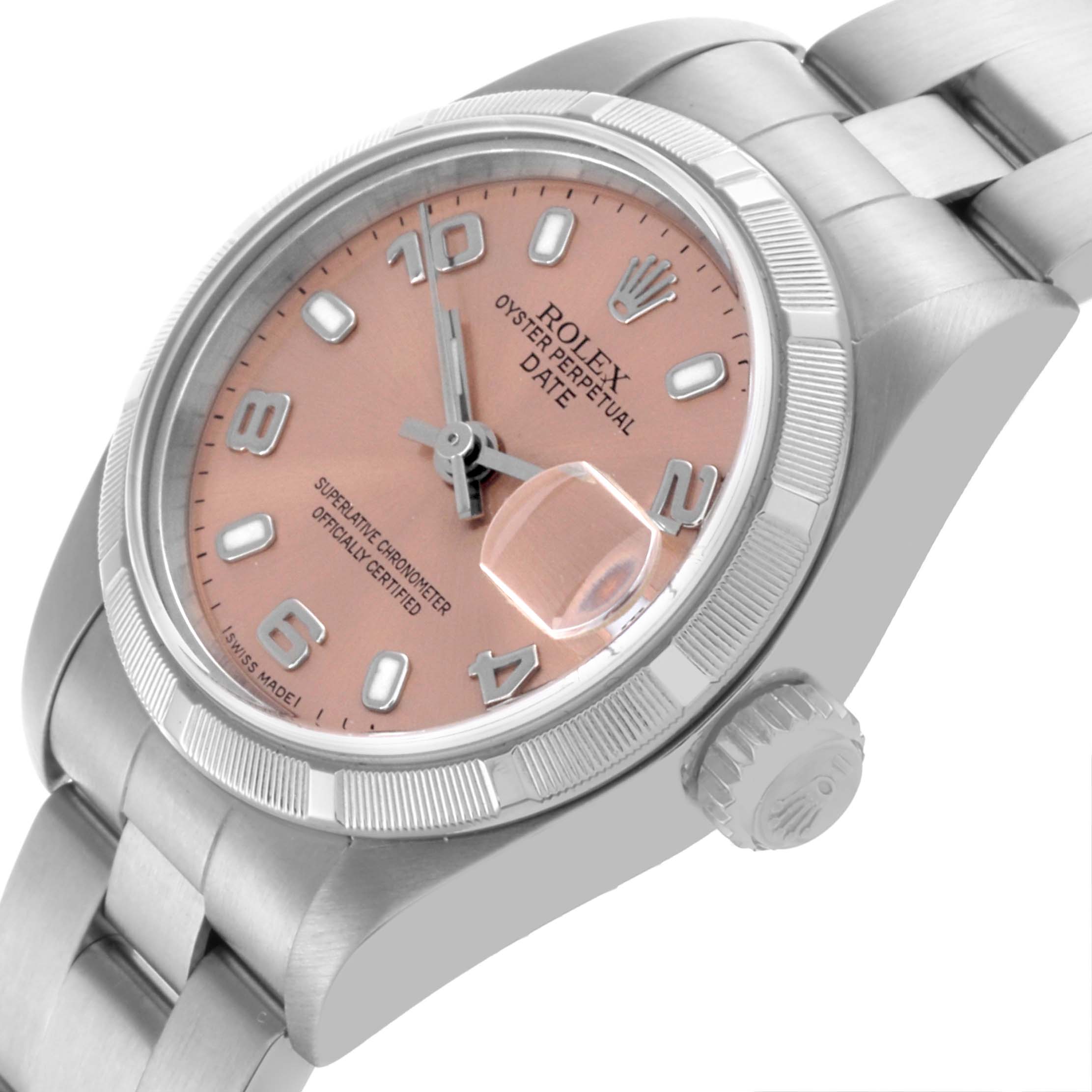 The Rolex Date 79190 Women's Stainless Steel Pink Dial 79190 Women's Stainless Steel Pink Dial is shown at a slightly tilted angle, highlighting the face, bezel, and crown.