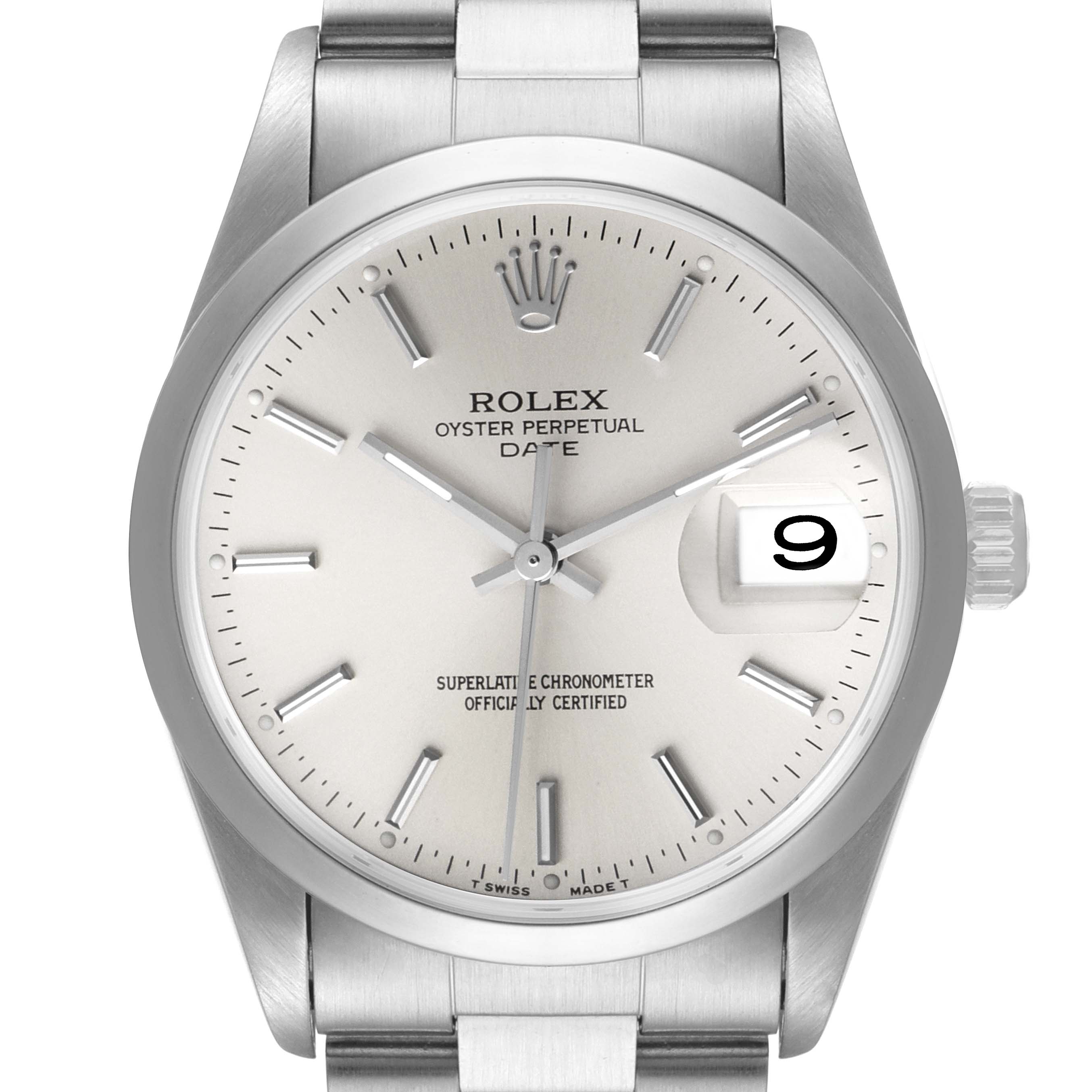 The image shows a front view of the Rolex Oyster Perpetual Date watch, highlighting the dial, markers, and date window.