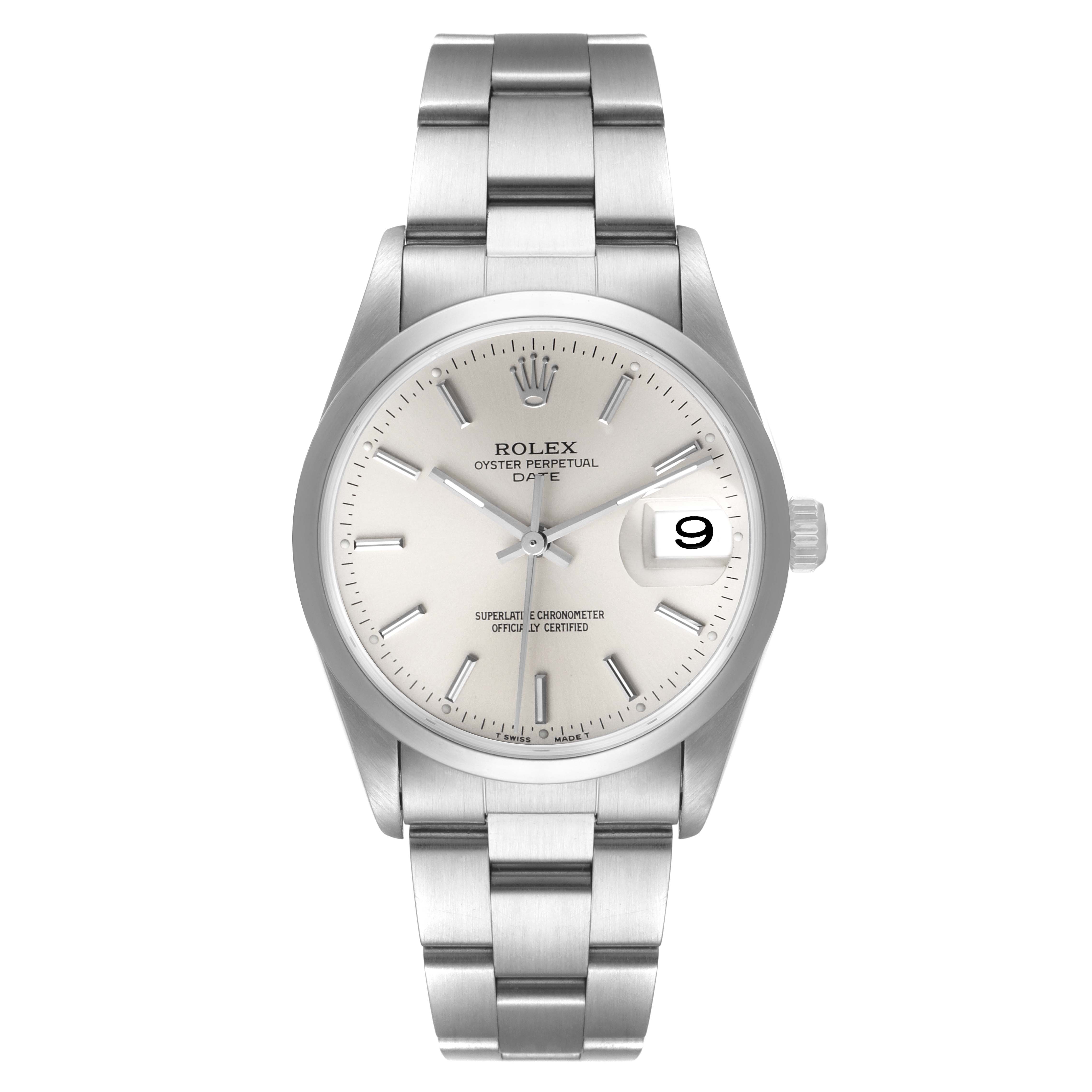 The image shows a front view of a Rolex Oyster Perpetual Date watch displaying the face and bracelet.