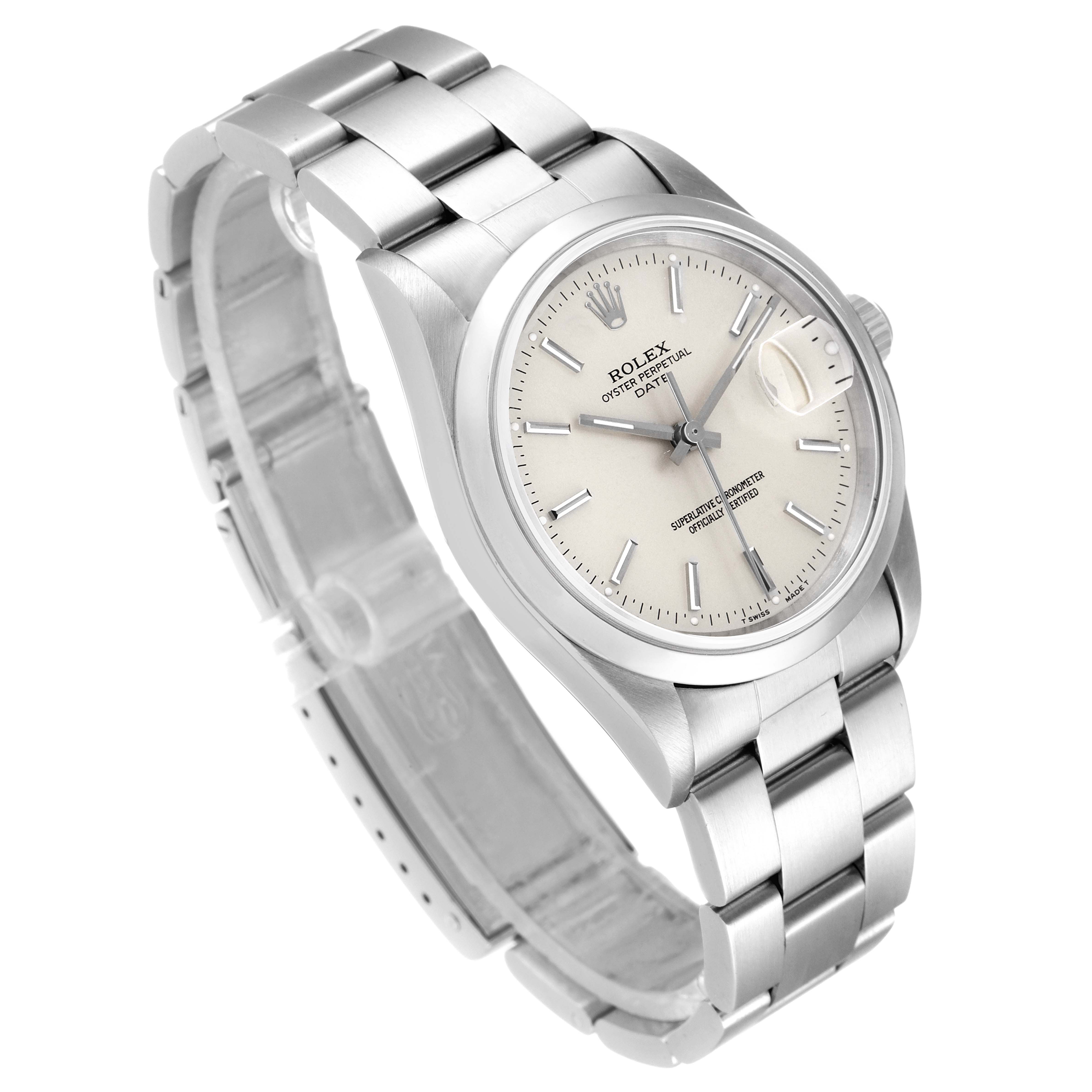 The Rolex Date 15200 Men's Stainless Steel Silver Dial 15200 Men's Stainless Steel Silver Dial model watch is shown at a three-quarter angle, displaying the face, bracelet, and clasp.