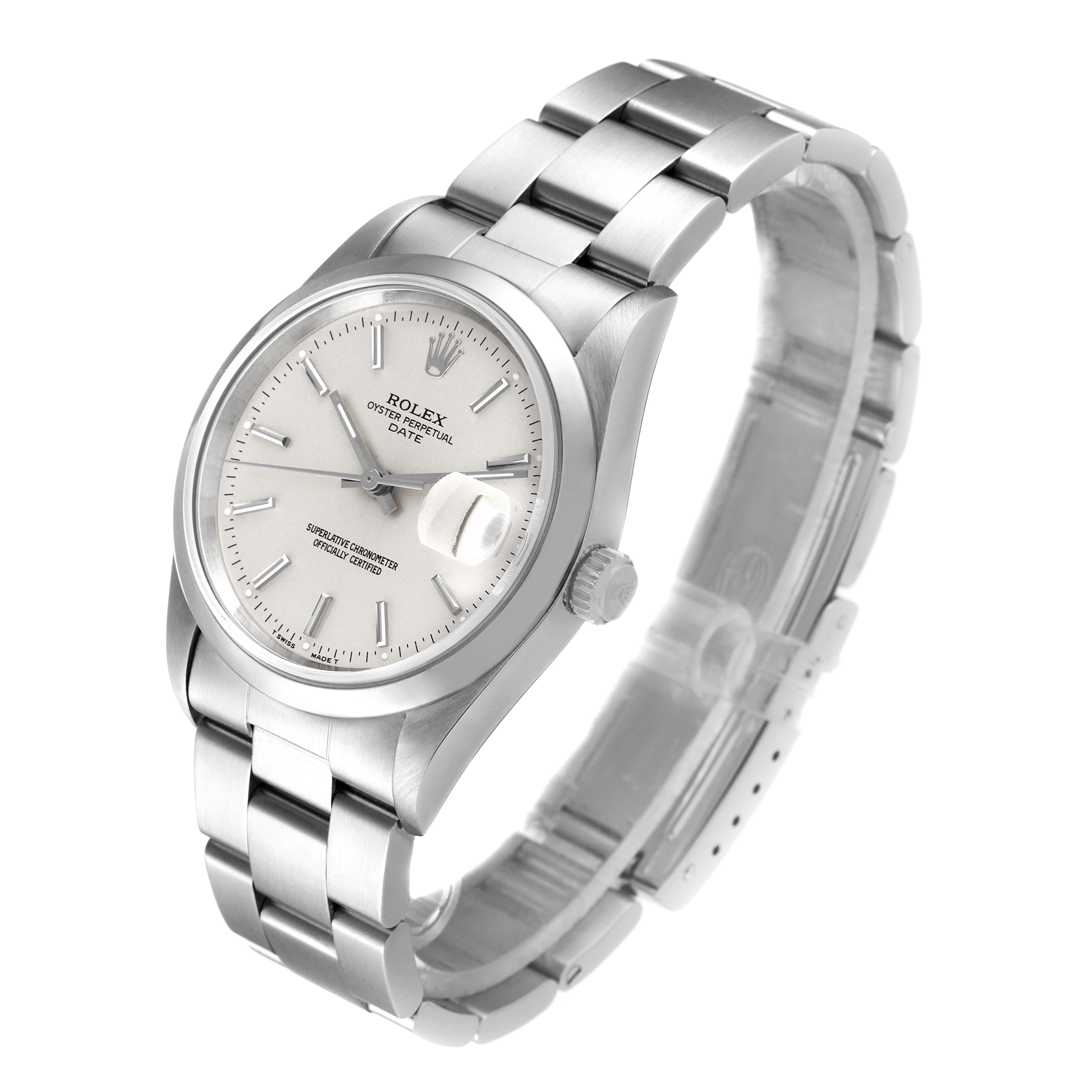 This image shows a side-angle view of a Rolex Date 15200 Men's Stainless Steel Silver Dial 15200 Men's Stainless Steel Silver Dial model watch, displaying the dial, bracelet, and crown.