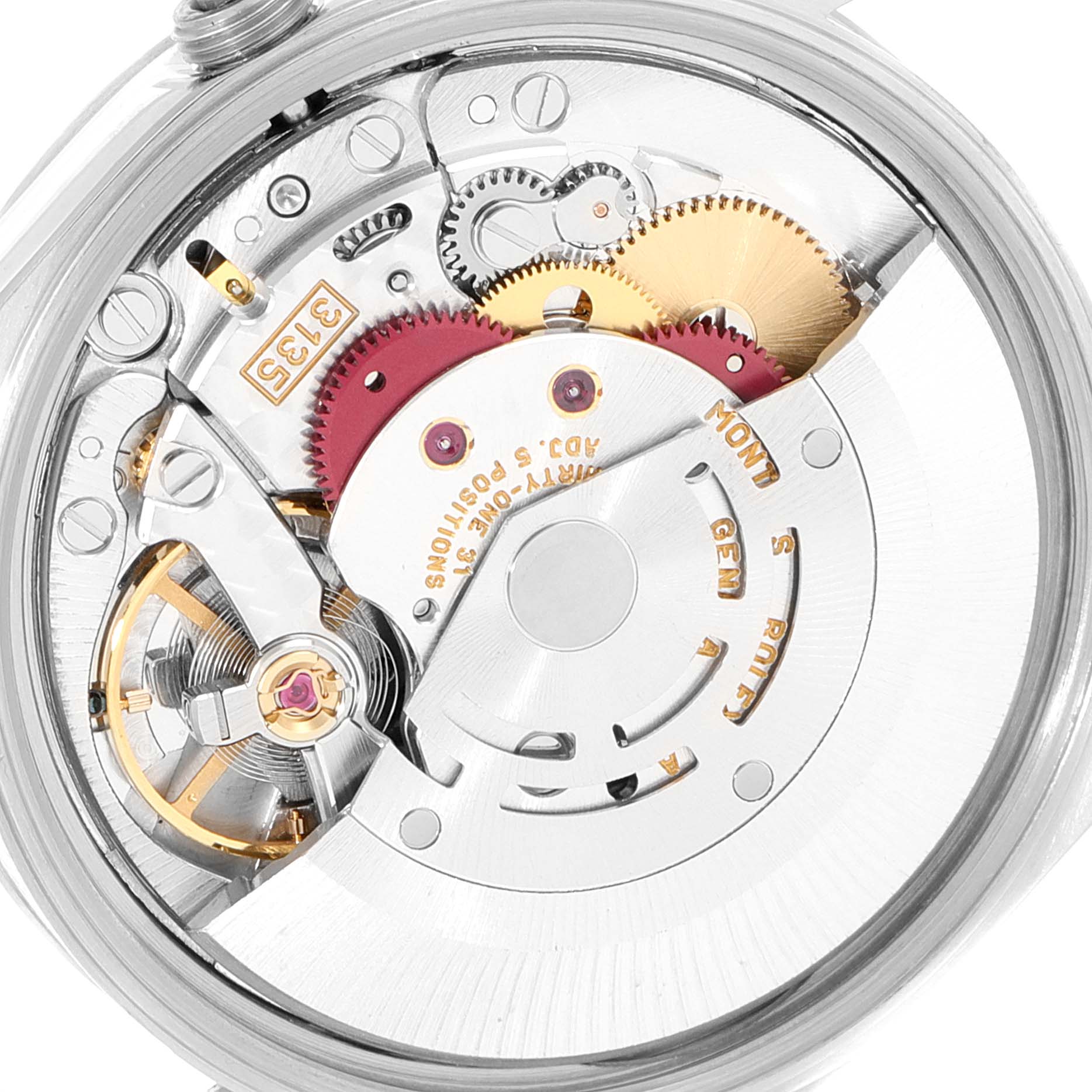 The image shows an internal view of the Rolex Date 15200 Men's Stainless Steel Silver Dial 15200 Men's Stainless Steel Silver Dial model, focusing on the movement and gears from a close-up angle.