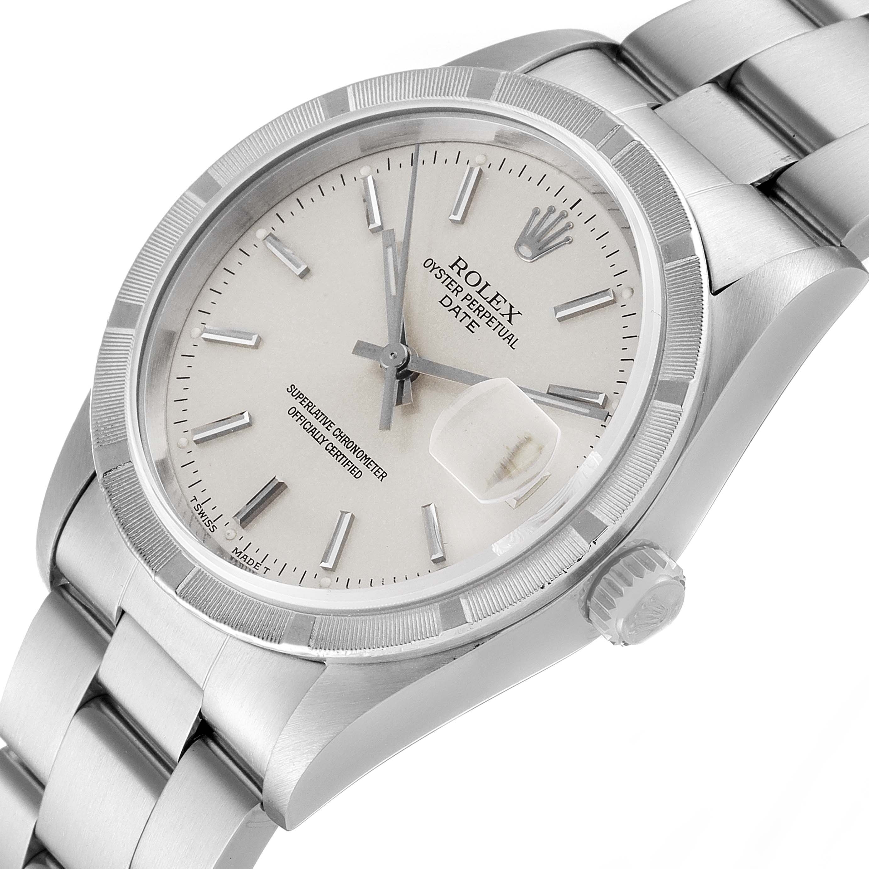 The image shows a Rolex Date 15210 Men's Stainless Steel Silver Dial 15210 Men's Stainless Steel Silver Dial model watch at a slight angle, highlighting the face, bezel, crown, and part of the bracelet.