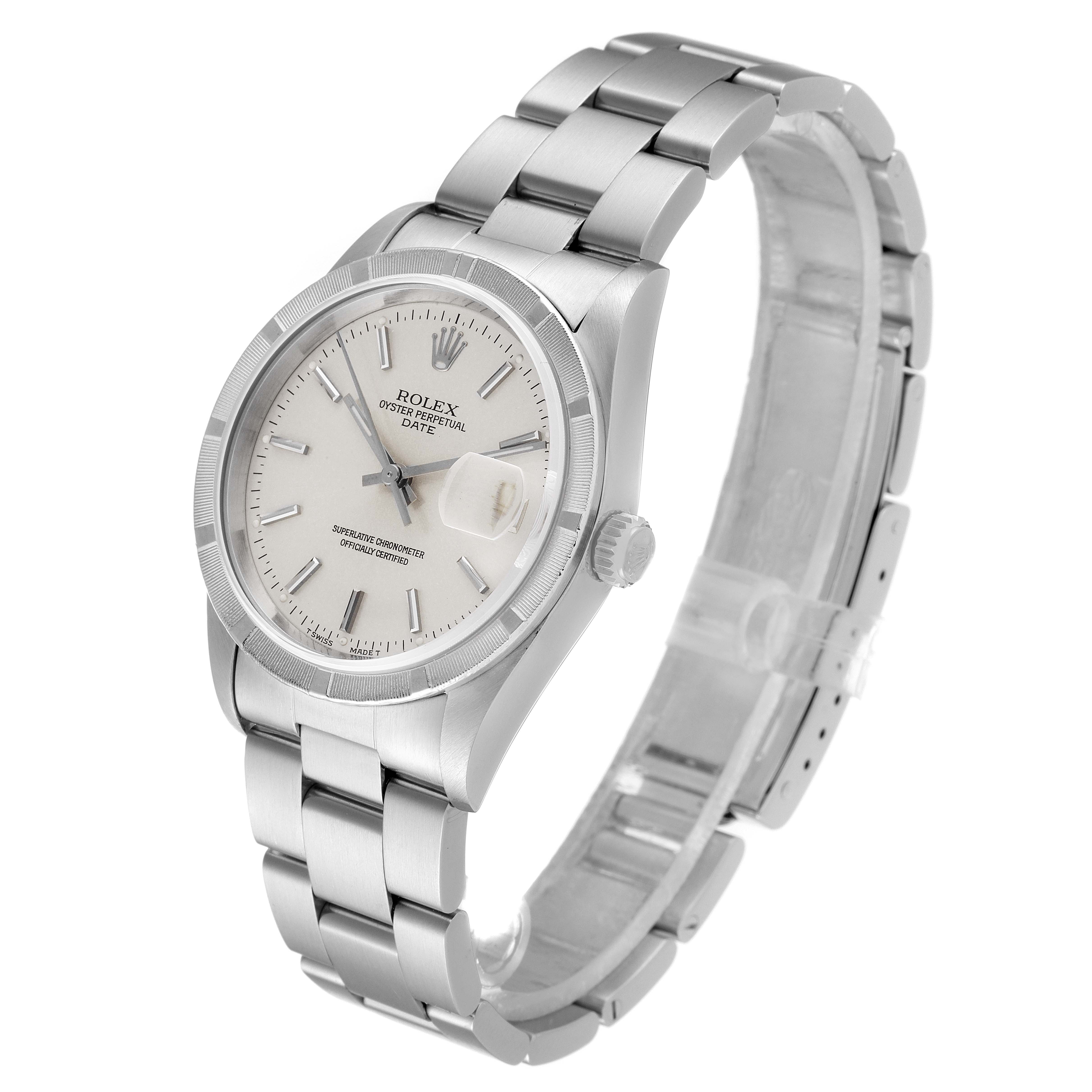 This image shows a Rolex Date 15210 Men's Stainless Steel Silver Dial 15210 Men's Stainless Steel Silver Dial model watch at a three-quarter angle, highlighting the dial, bezel, crown, and bracelet.