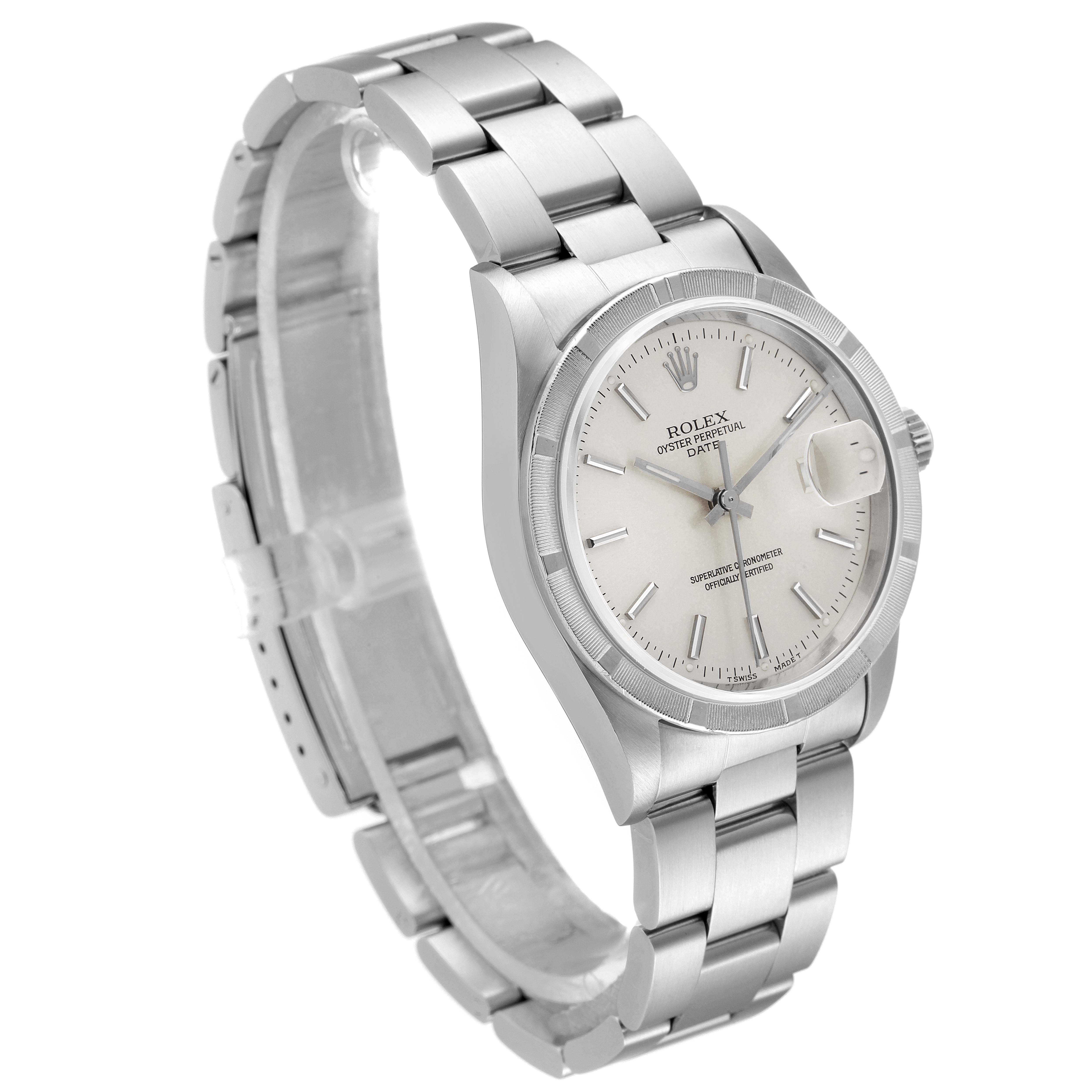 This image shows a Rolex Date 15210 Men's Stainless Steel Silver Dial 15210 Men's Stainless Steel Silver Dial model watch at a three-quarter angle, highlighting the dial, case, and bracelet.