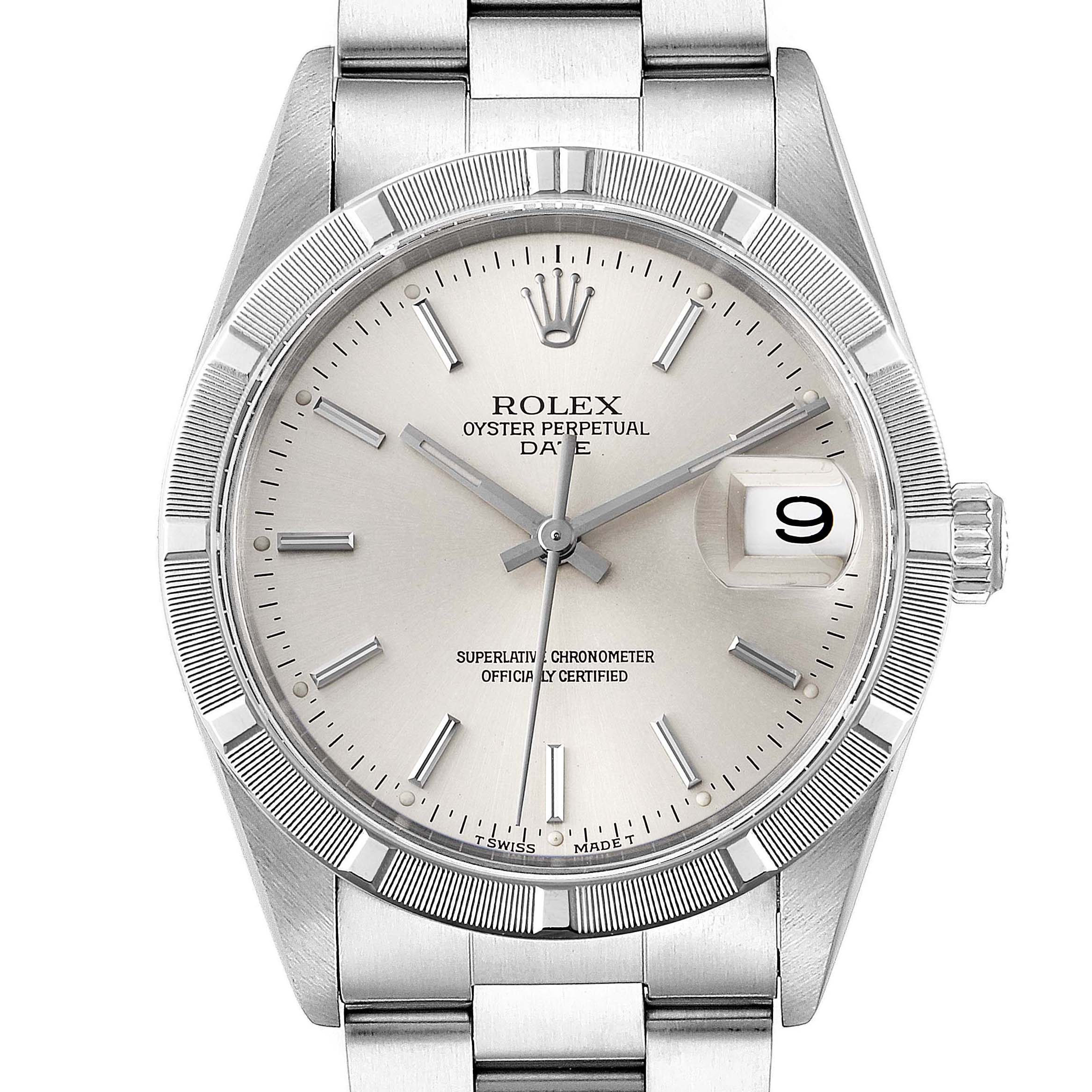 The image shows the front view of a Rolex Date 15210 Men's Stainless Steel Silver Dial 15210 Men's Stainless Steel Silver Dial model watch, highlighting the dial, bezel, crown, and bracelet.
