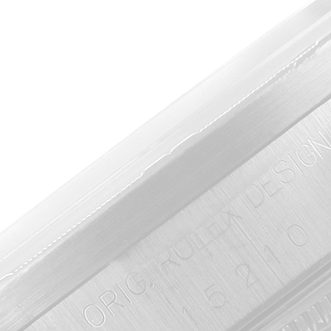 This image shows a close-up view of the side engraving on a Rolex Date 15210 Men's Stainless Steel Silver Dial 15210 Men's Stainless Steel Silver Dial model watch.