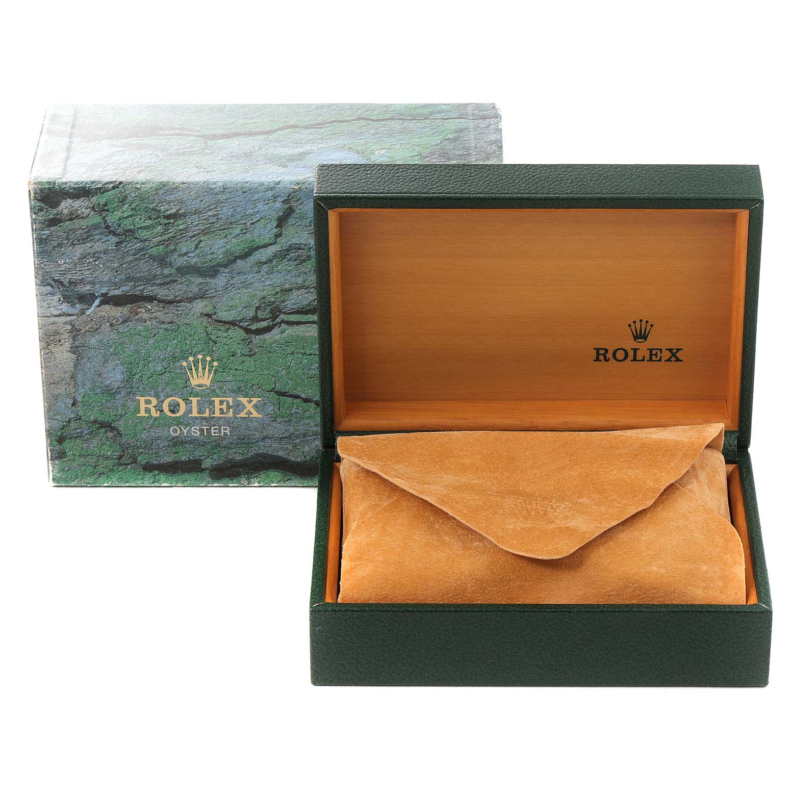 The image shows the box and leather pouch for a Rolex Date 15210 Men's Stainless Steel Silver Dial 15210 Men's Stainless Steel Silver Dial model watch, viewed from the front.