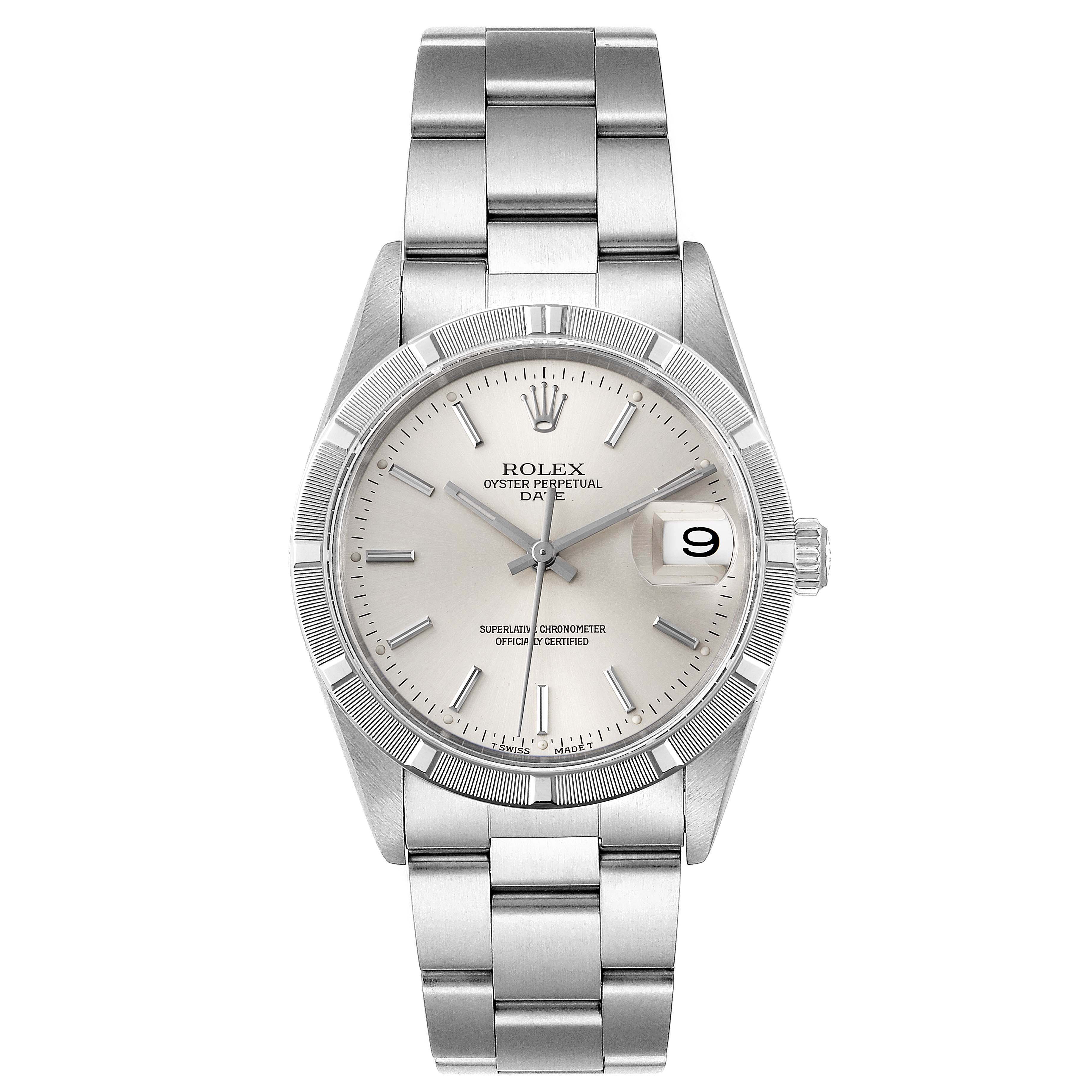 This Rolex Date 15210 Men's Stainless Steel Silver Dial 15210 Men's Stainless Steel Silver Dial model watch is shown from a top-down angle, displaying the dial, bracelet, and magnified date window.