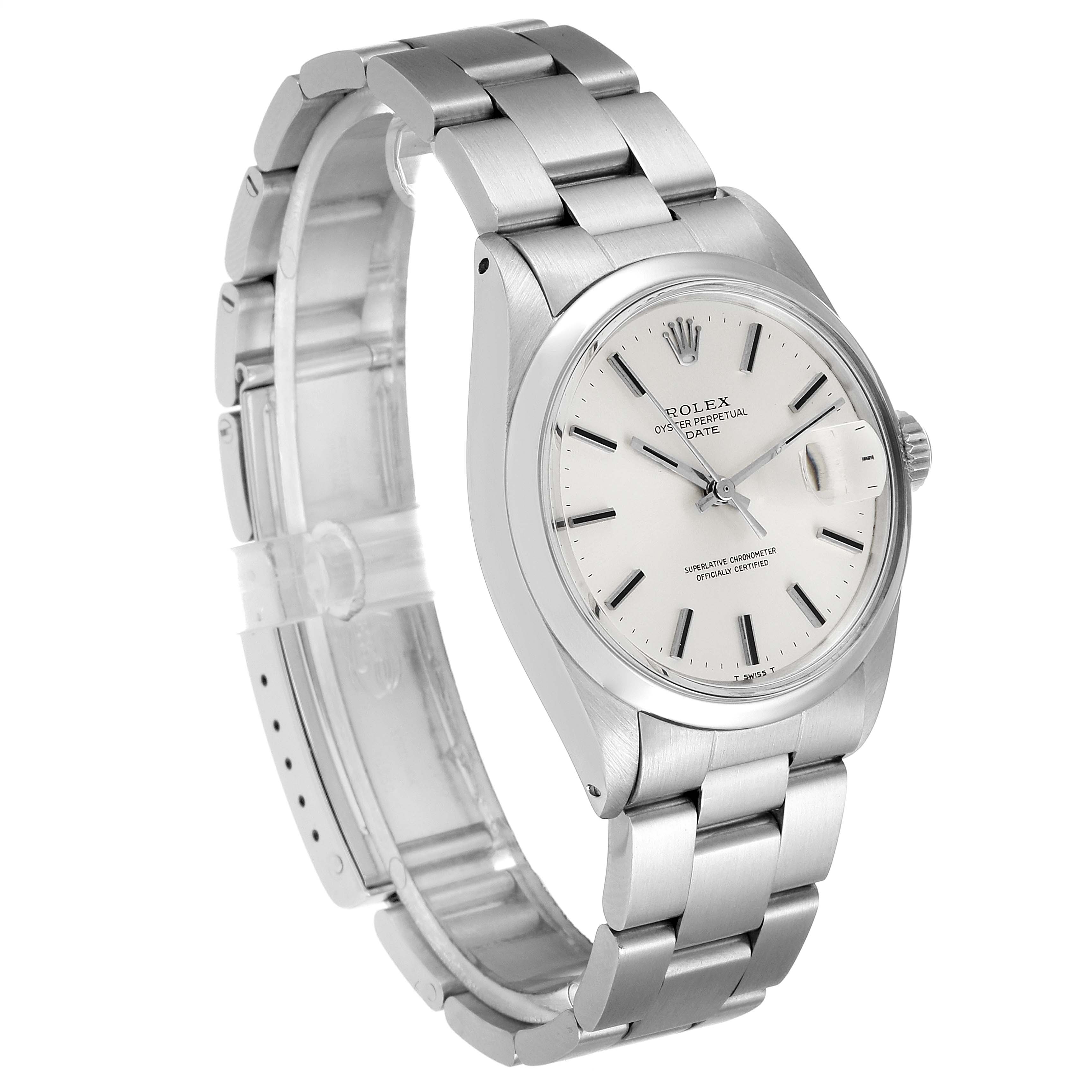 This image shows a side-angle view of the Rolex Vintage Collection 1500 Men's Stainless Steel Silver Dial 1500 Men's Stainless Steel Silver Dial watch, highlighting its face, bezel, crown, and bracelet.