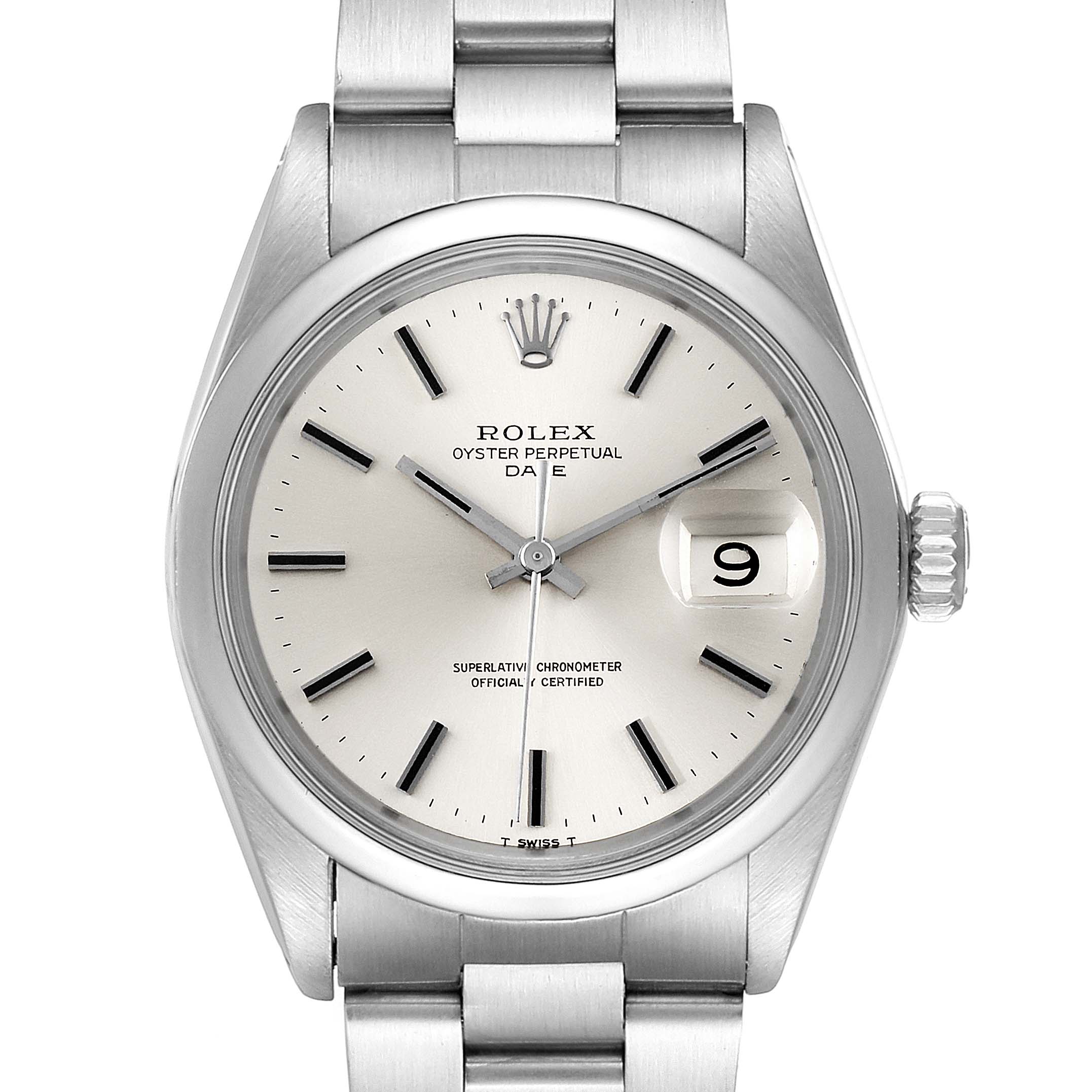 The image shows a front view of the Rolex Oyster Perpetual Date model from the Vintage Collection, displaying the dial, crown, and bracelet.