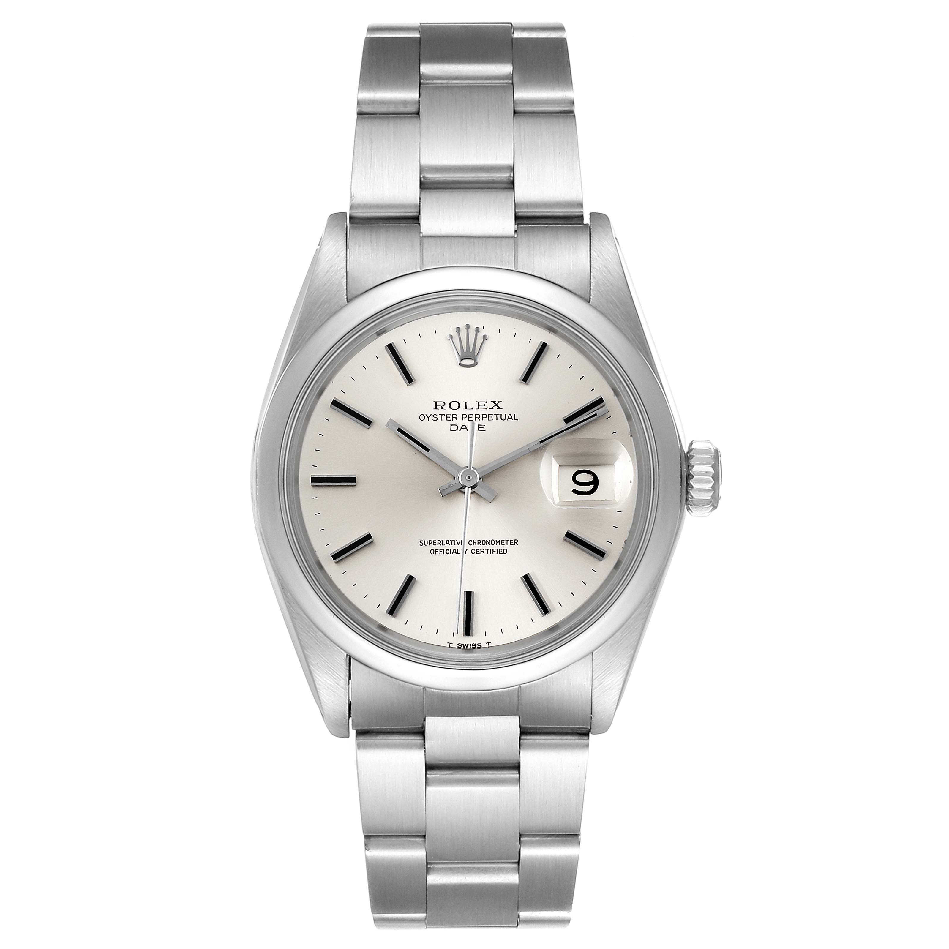 The image shows a front view of the Rolex Vintage Collection 1500 Men's Stainless Steel Silver Dial 1500 Men's Stainless Steel Silver Dial model, displaying its dial, bezel, and bracelet.