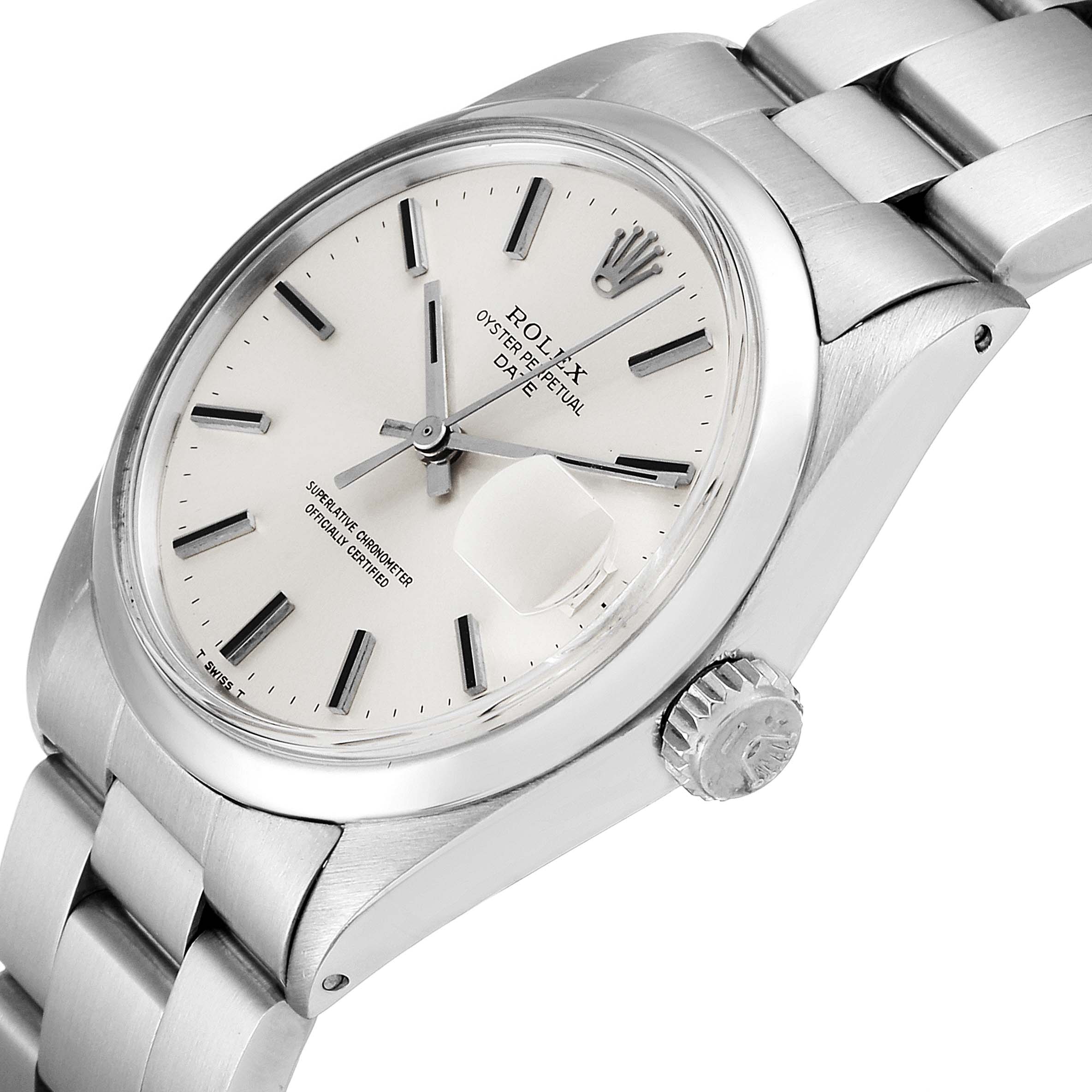 This image shows a Rolex Vintage Collection 1500 Men's Stainless Steel Silver Dial 1500 Men's Stainless Steel Silver Dial watch at an angled front view, highlighting the dial, crown, and part of the bracelet.