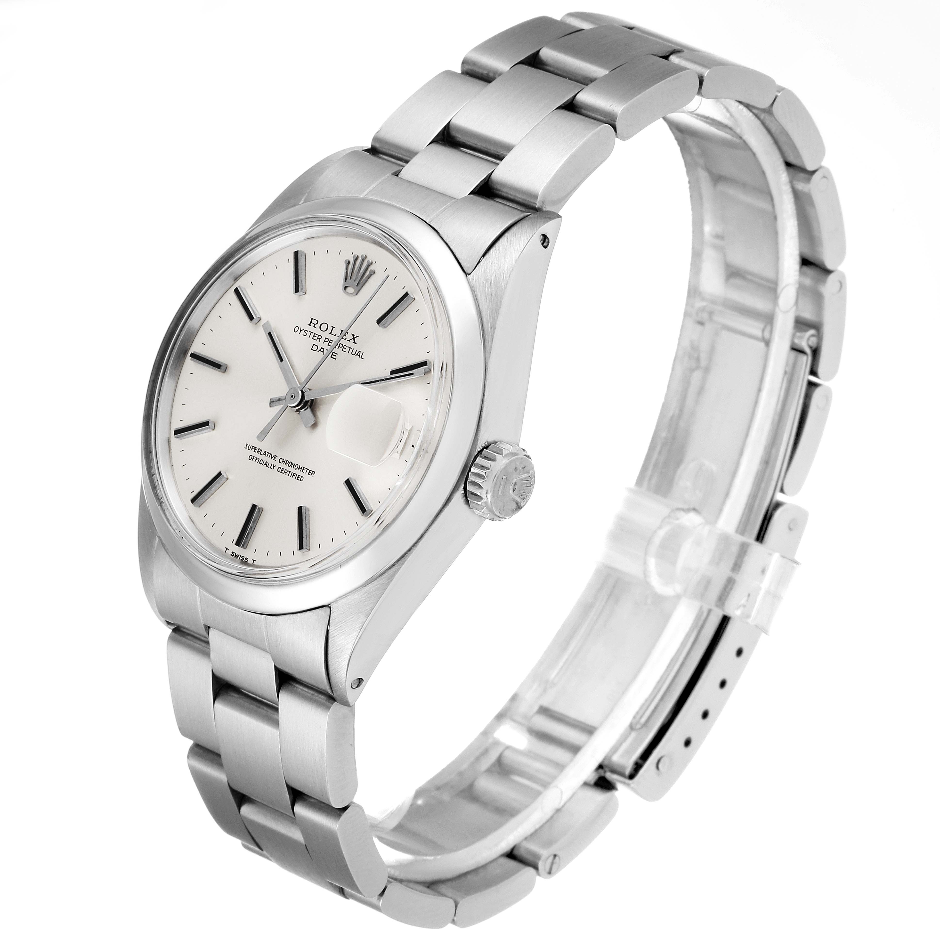The image shows a Rolex Vintage Collection 1500 Men's Stainless Steel Silver Dial 1500 Men's Stainless Steel Silver Dial watch angled slightly from the side, highlighting the dial, bracelet, and crown.