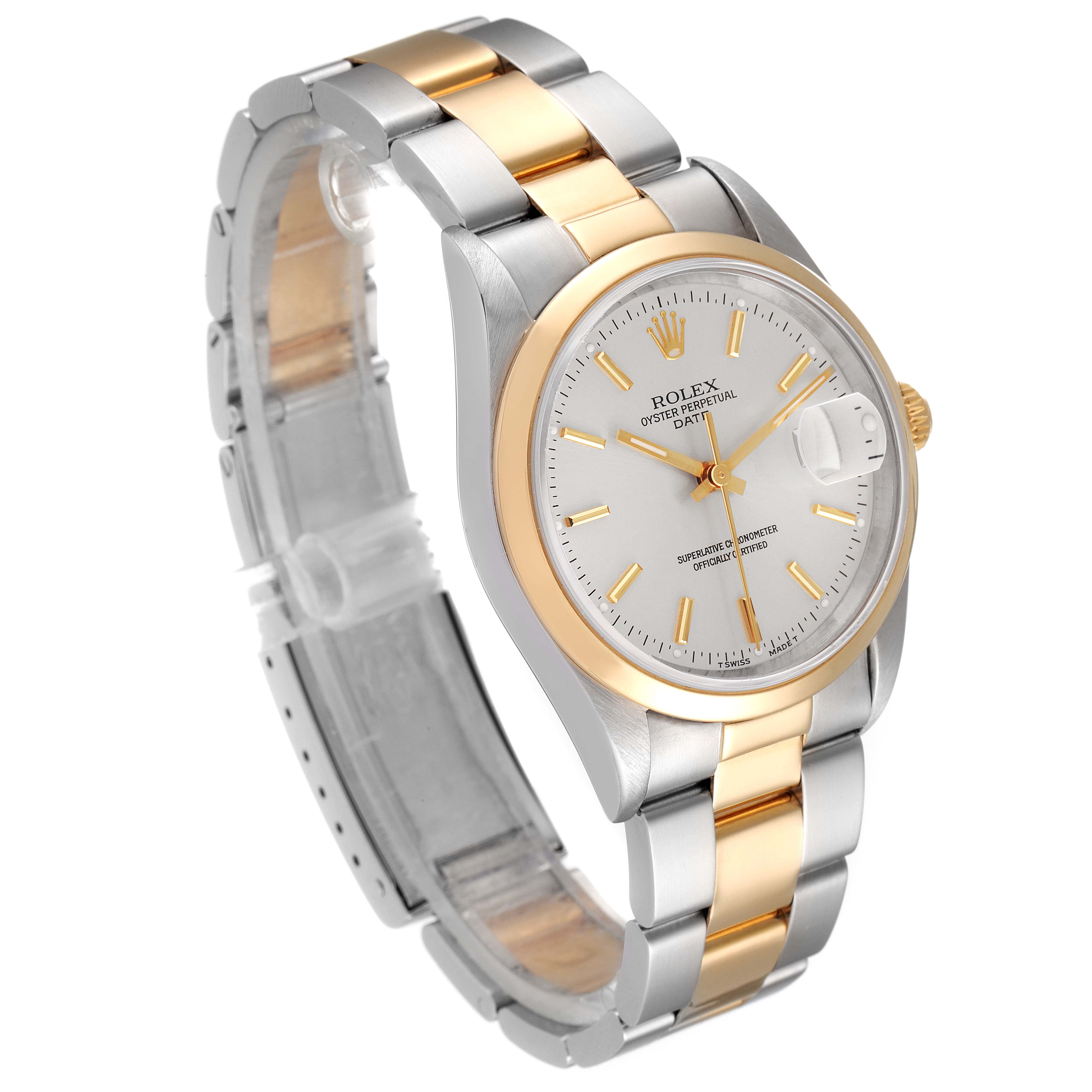 The image shows a Rolex Date 15203 Men's Steel and Gold (two tone) Silver Dial 15203 Men's Steel and Gold (two tone) Silver Dial model watch at a 3/4 angle, highlighting the two-tone bracelet and face.