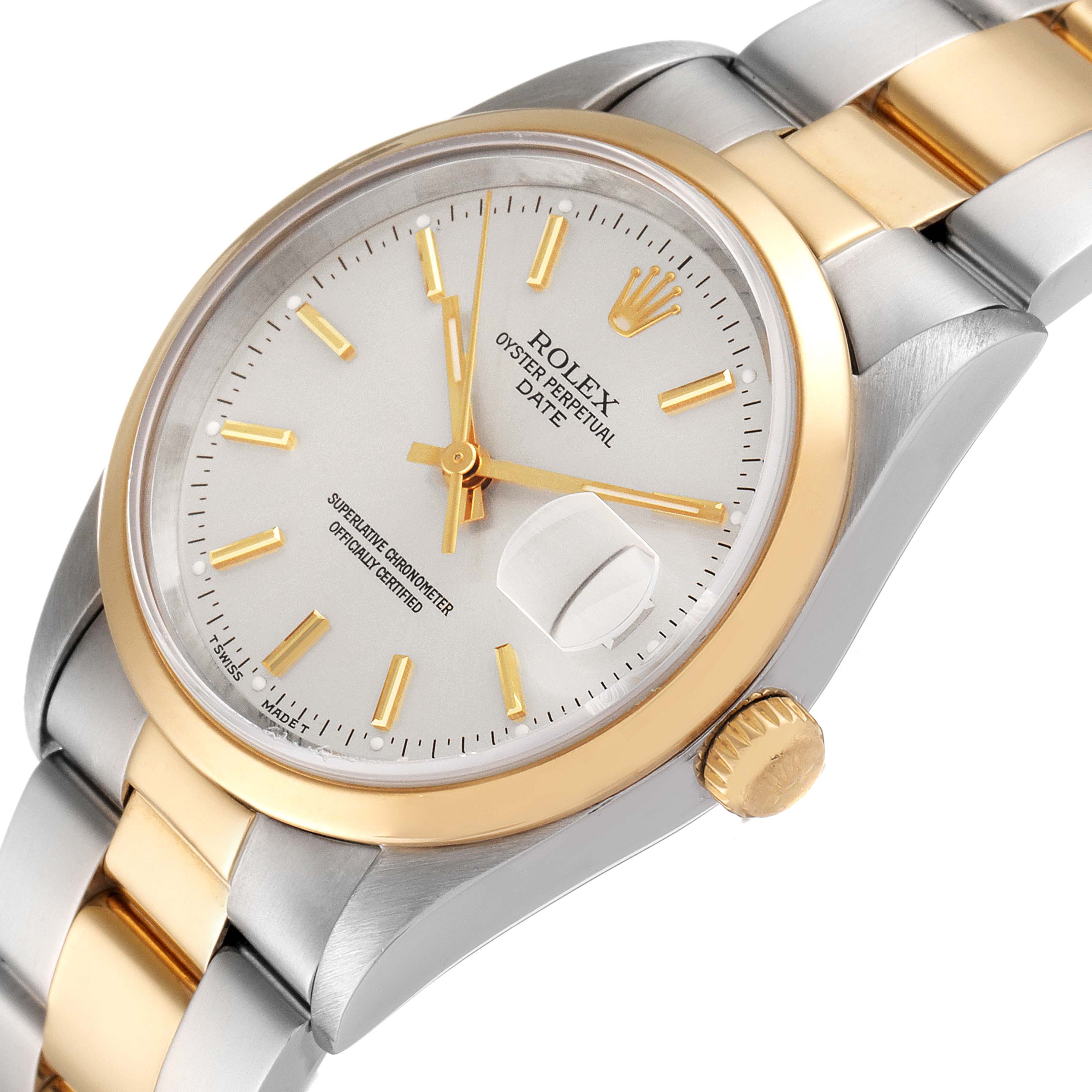 The image shows a close-up of the Rolex Date 15203 Men's Steel and Gold (two tone) Silver Dial 15203 Men's Steel and Gold (two tone) Silver Dial watch, highlighting its dial, bezel, and bracelet from an angled top view.