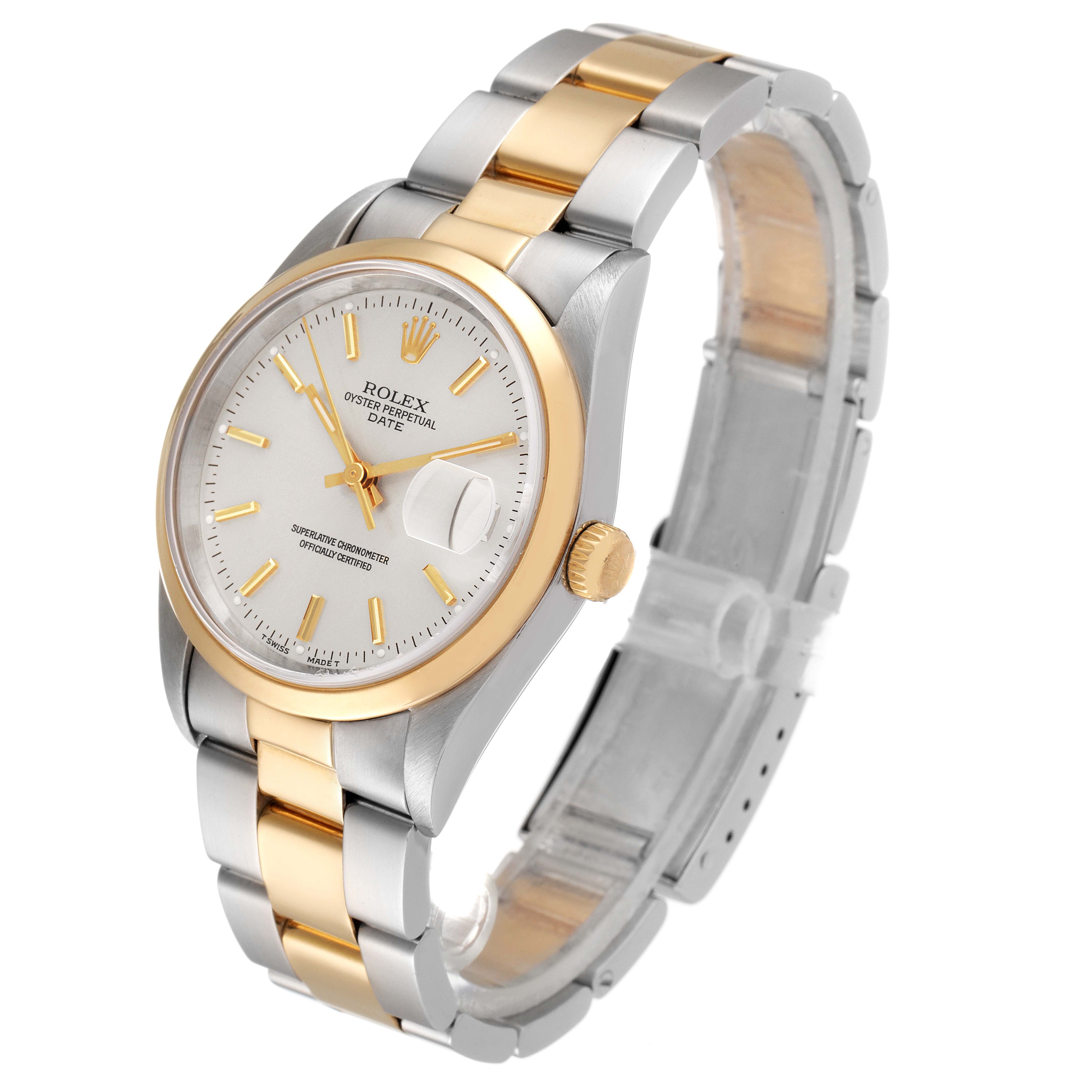 The image shows a Rolex Date 15203 Men's Steel and Gold (two tone) Silver Dial 15203 Men's Steel and Gold (two tone) Silver Dial watch at a three-quarter angle, highlighting the dial, case, bezel, and two-tone bracelet.