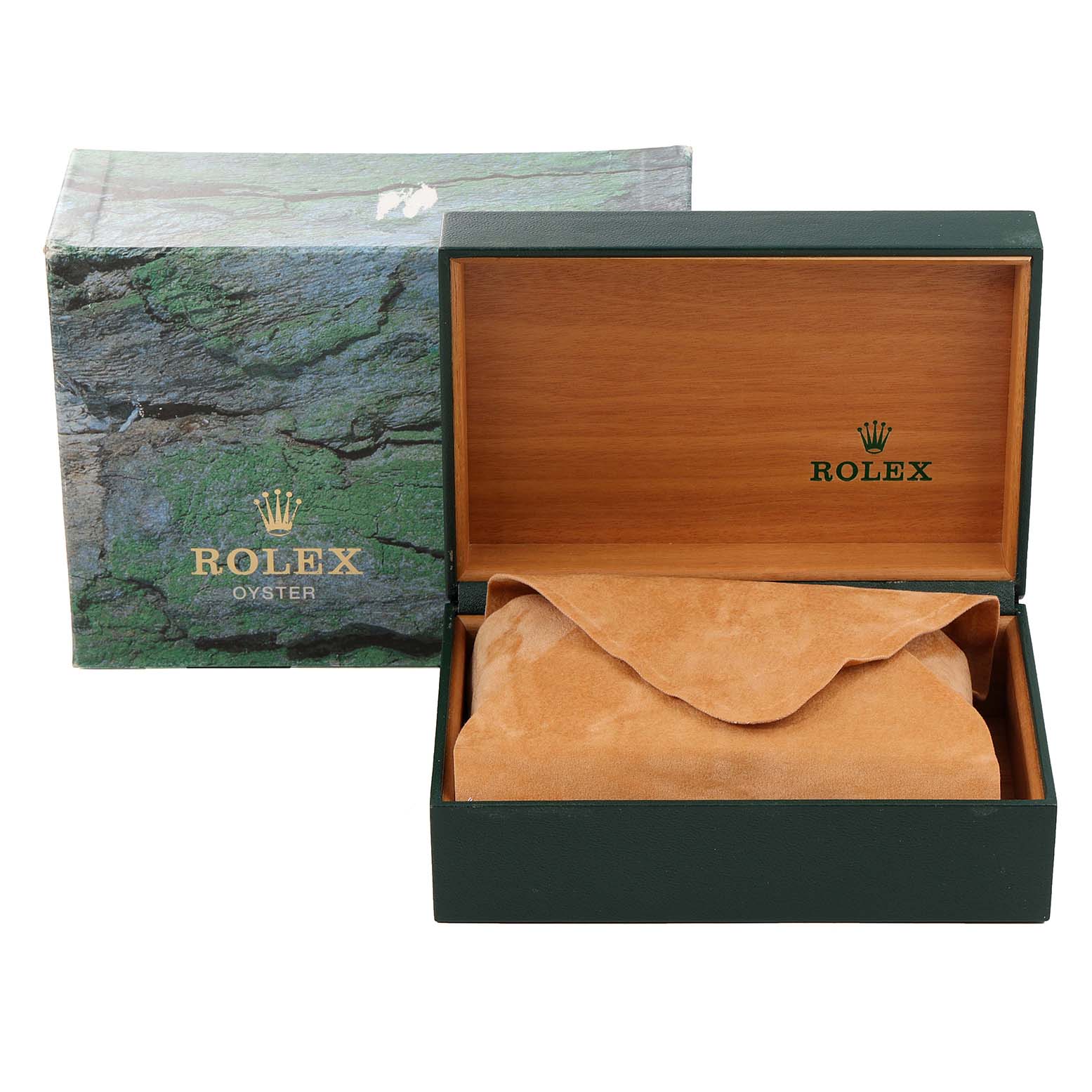 The image shows a Rolex Date 15203 Men's Steel and Gold (two tone) Silver Dial 15203 Men's Steel and Gold (two tone) Silver Dial model box with an outer cardboard box, an open wooden case, and a suede pouch inside.