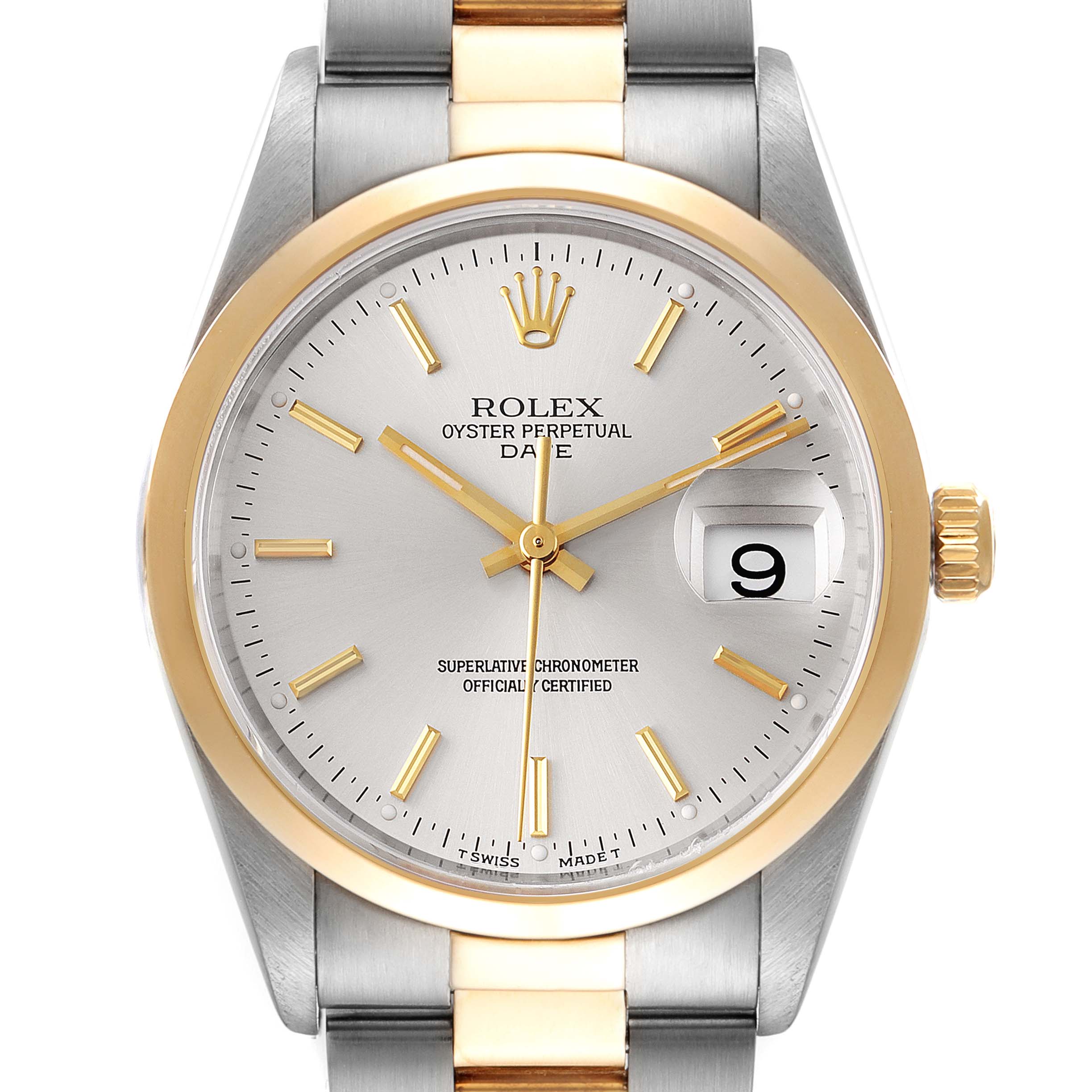 This image shows a frontal view of the Rolex Date 15203 Men's Steel and Gold (two tone) Silver Dial 15203 Men's Steel and Gold (two tone) Silver Dial model, highlighting the dial, hands, crown, and part of the bracelet.