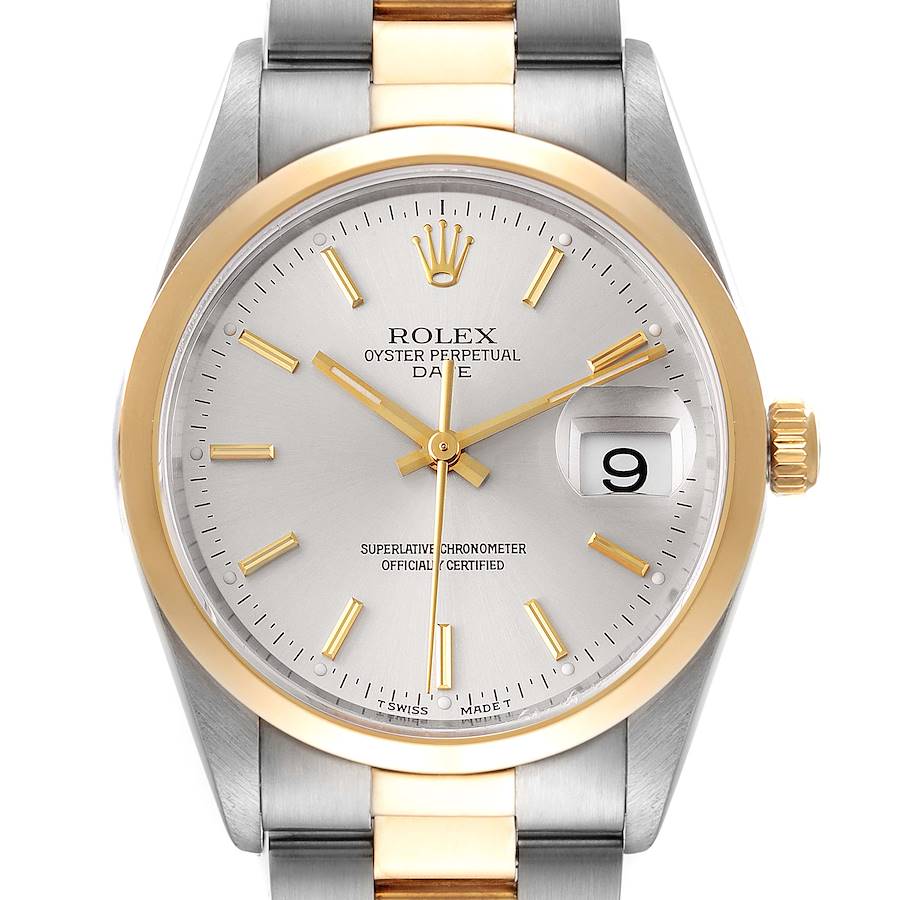 Rolex Date Silver Dial Domed Bezel Steel Yellow Gold Mens Watch 15203 SwissWatchExpo