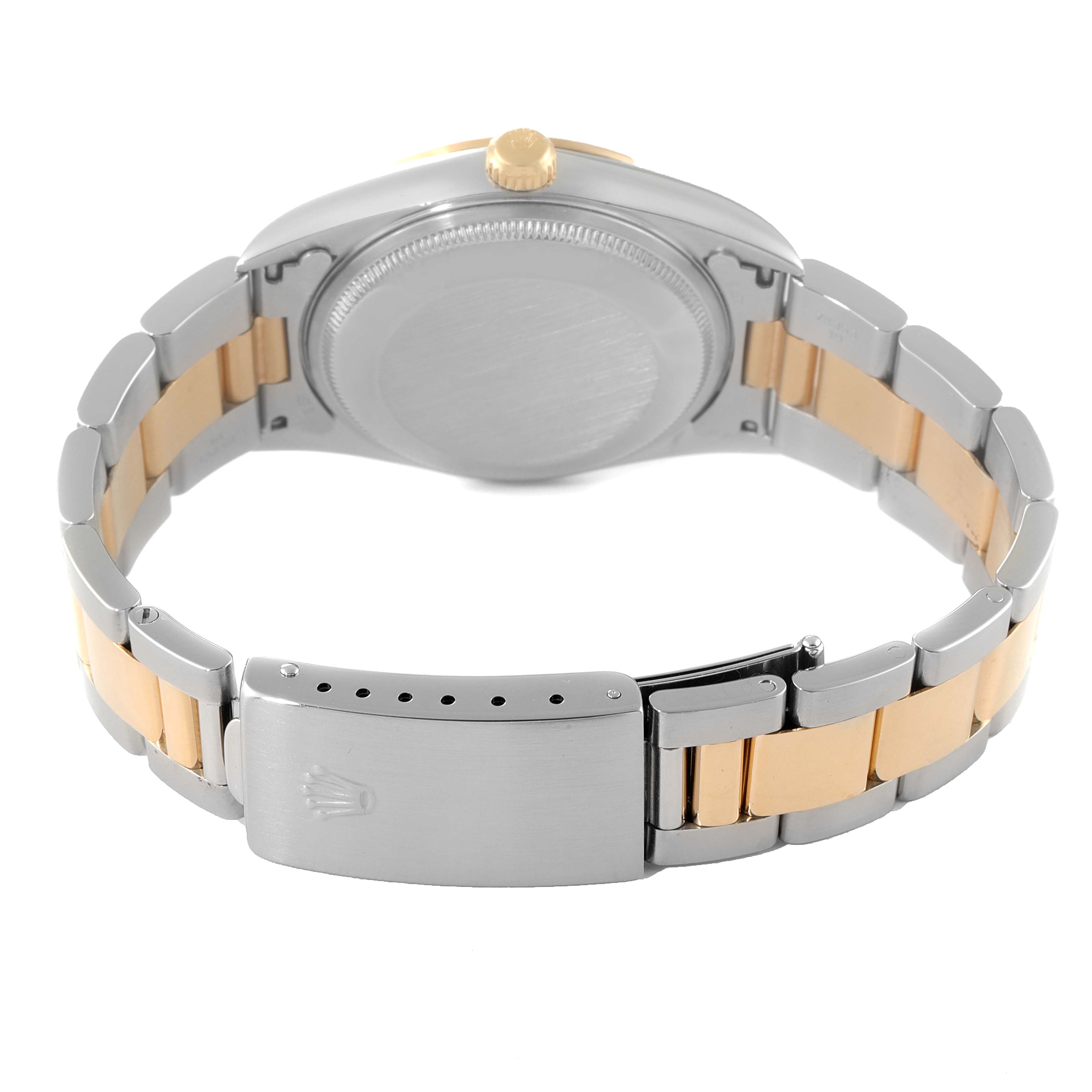 This image shows the back and clasp of the Rolex Date 15203 Men's Steel and Gold (two tone) Silver Dial 15203 Men's Steel and Gold (two tone) Silver Dial model watch, highlighting its two-tone bracelet and crown.