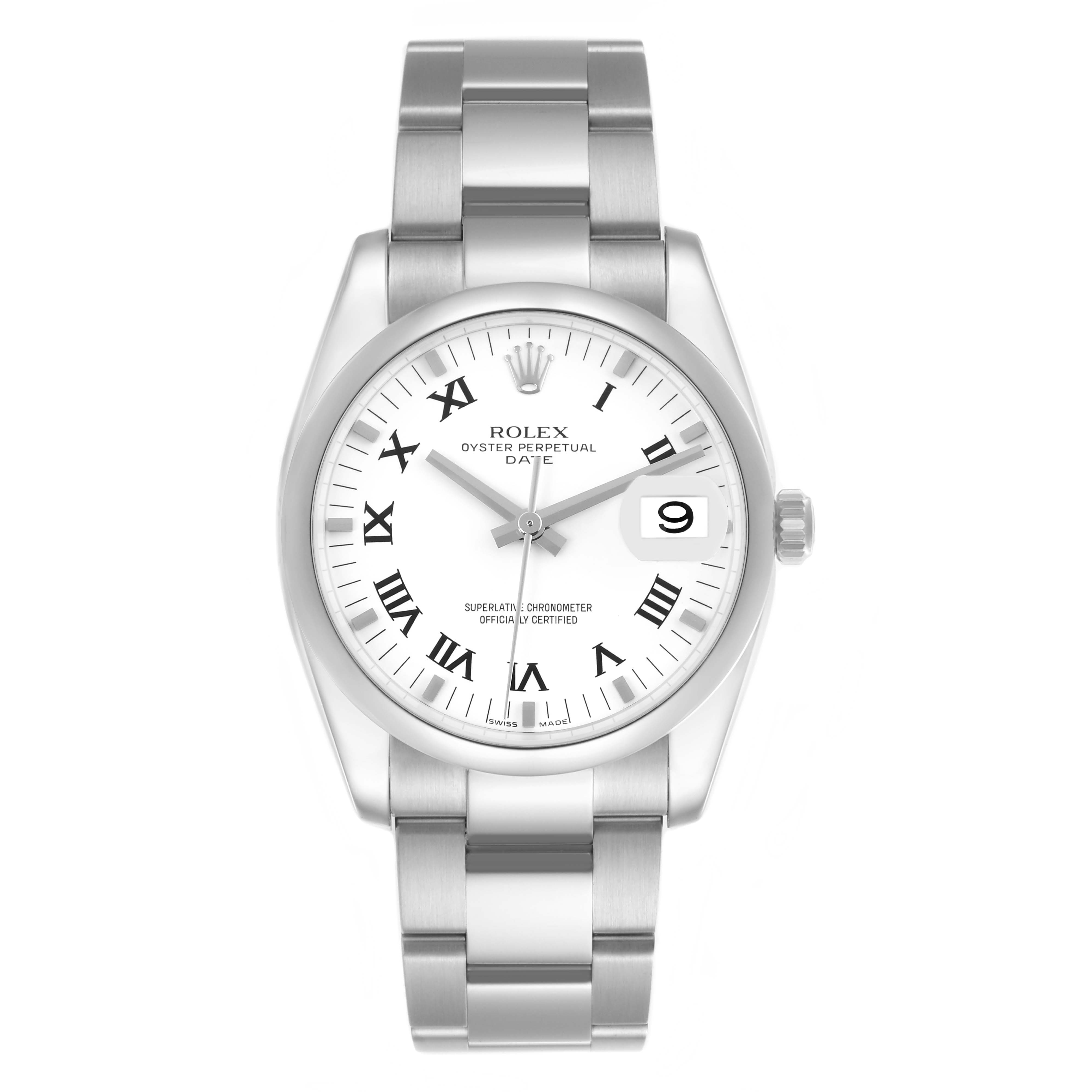 The Rolex Date 115200 Men's Stainless Steel White Dial 115200 Men's Stainless Steel White Dial watch is shown from the front, displaying the dial, bracelet, and date window.