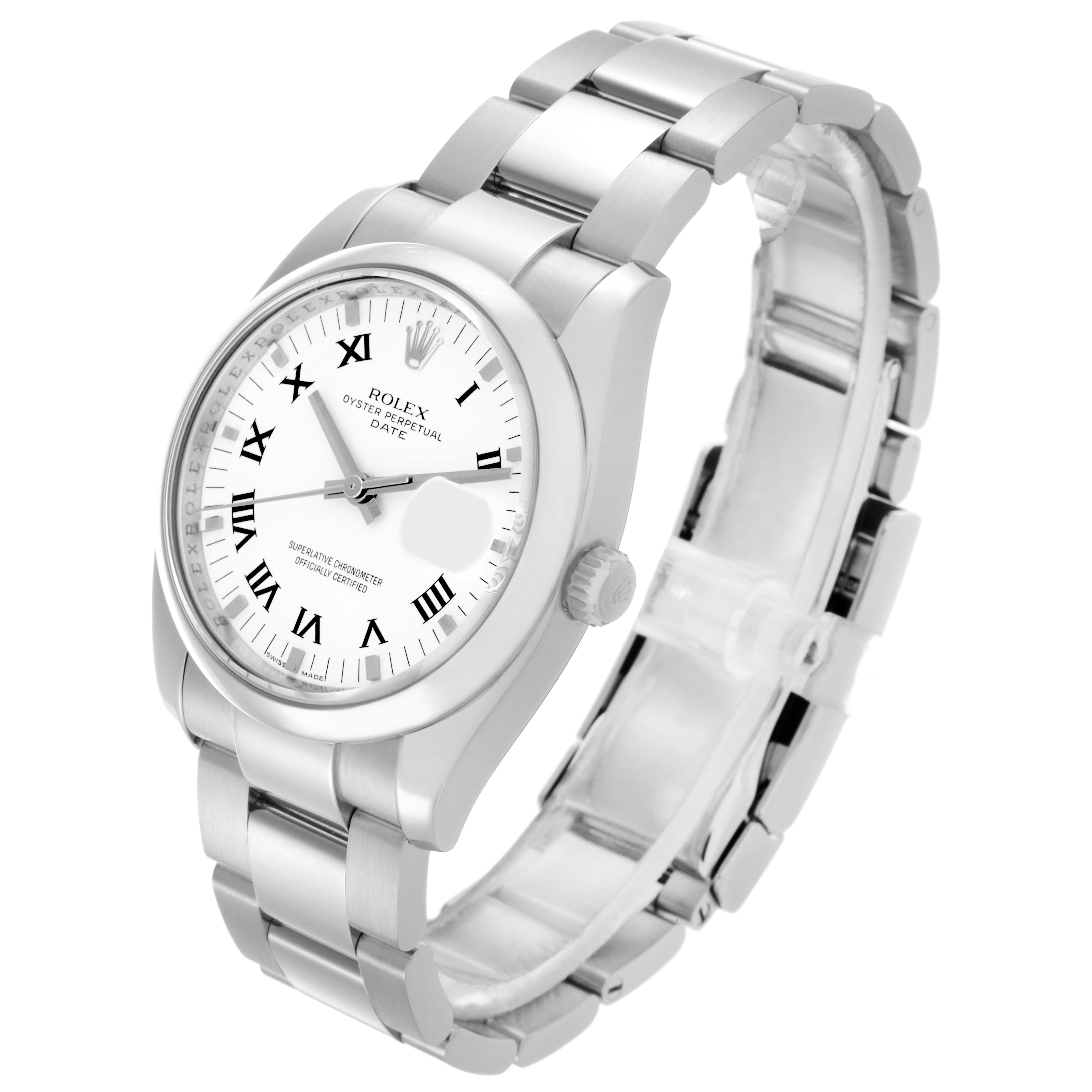 The Rolex Date 115200 Men's Stainless Steel White Dial 115200 Men's Stainless Steel White Dial watch is shown at an angle displaying the dial, bezel, crown, and bracelet.