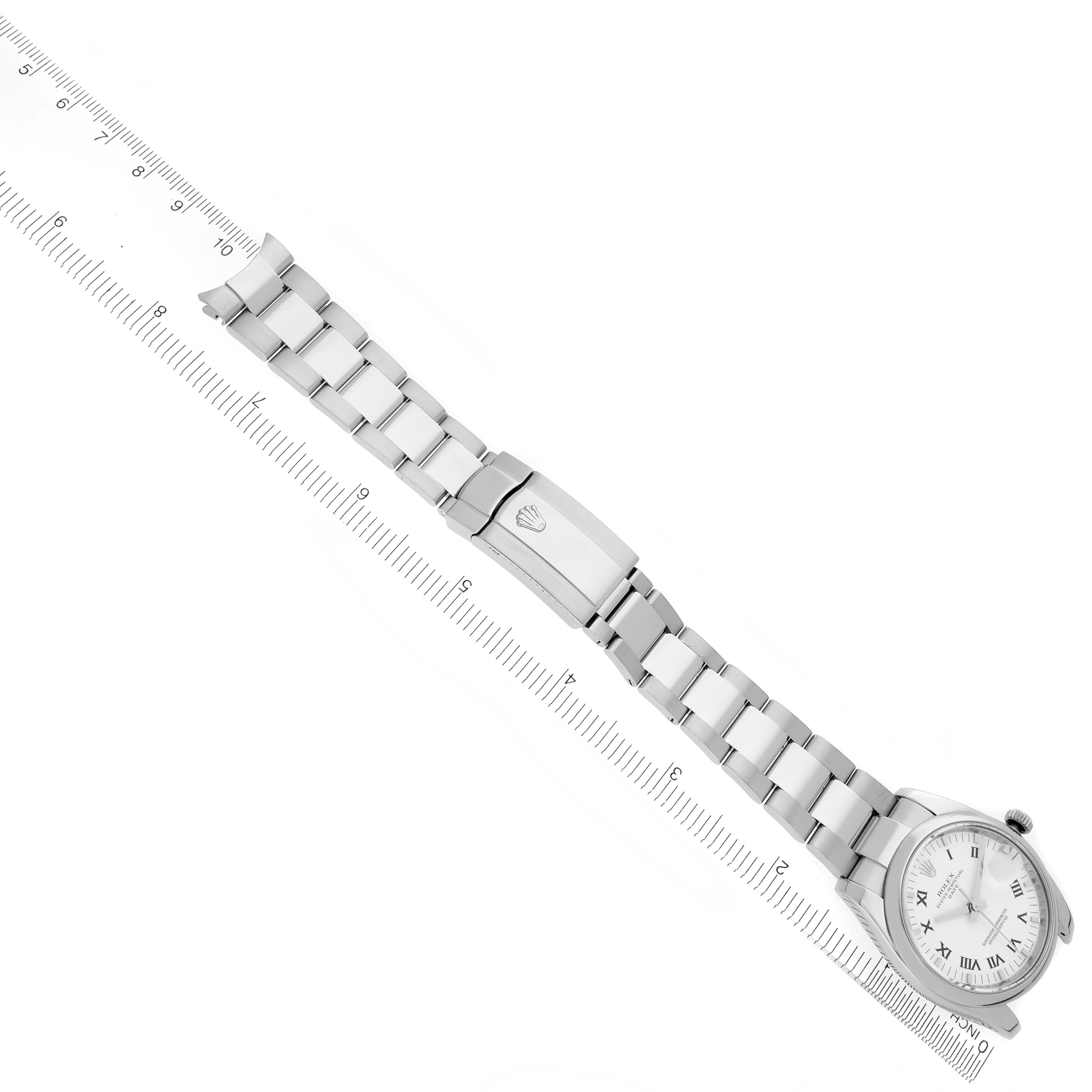 The Rolex Date 115200 Men's Stainless Steel White Dial 115200 Men's Stainless Steel White Dial watch is shown from a top-down angle, highlighting the face, bracelet, and clasp.