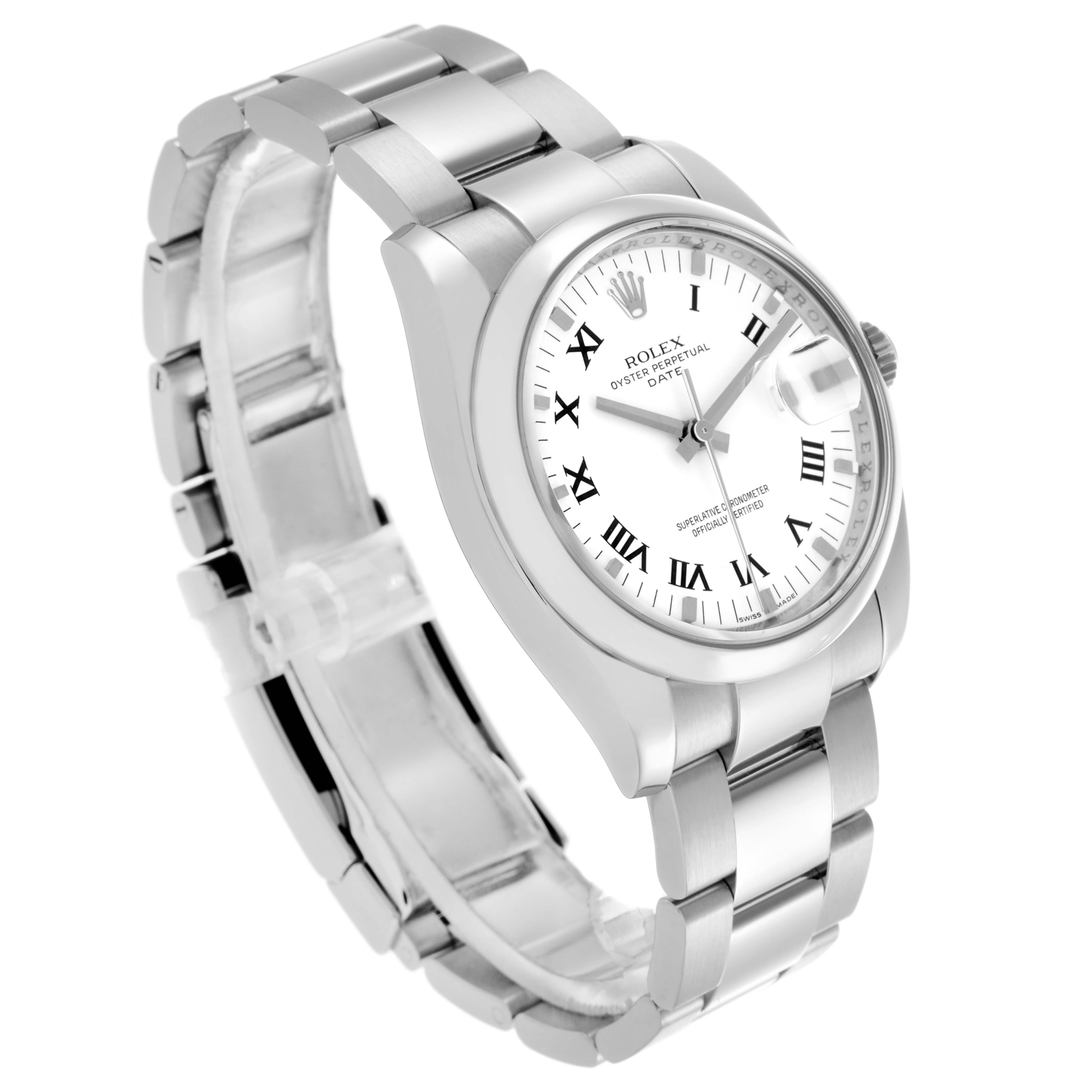 The Rolex Date 115200 Men's Stainless Steel White Dial 115200 Men's Stainless Steel White Dial model watch is shown at a 3/4 angle, displaying the face, bracelet, and crown.
