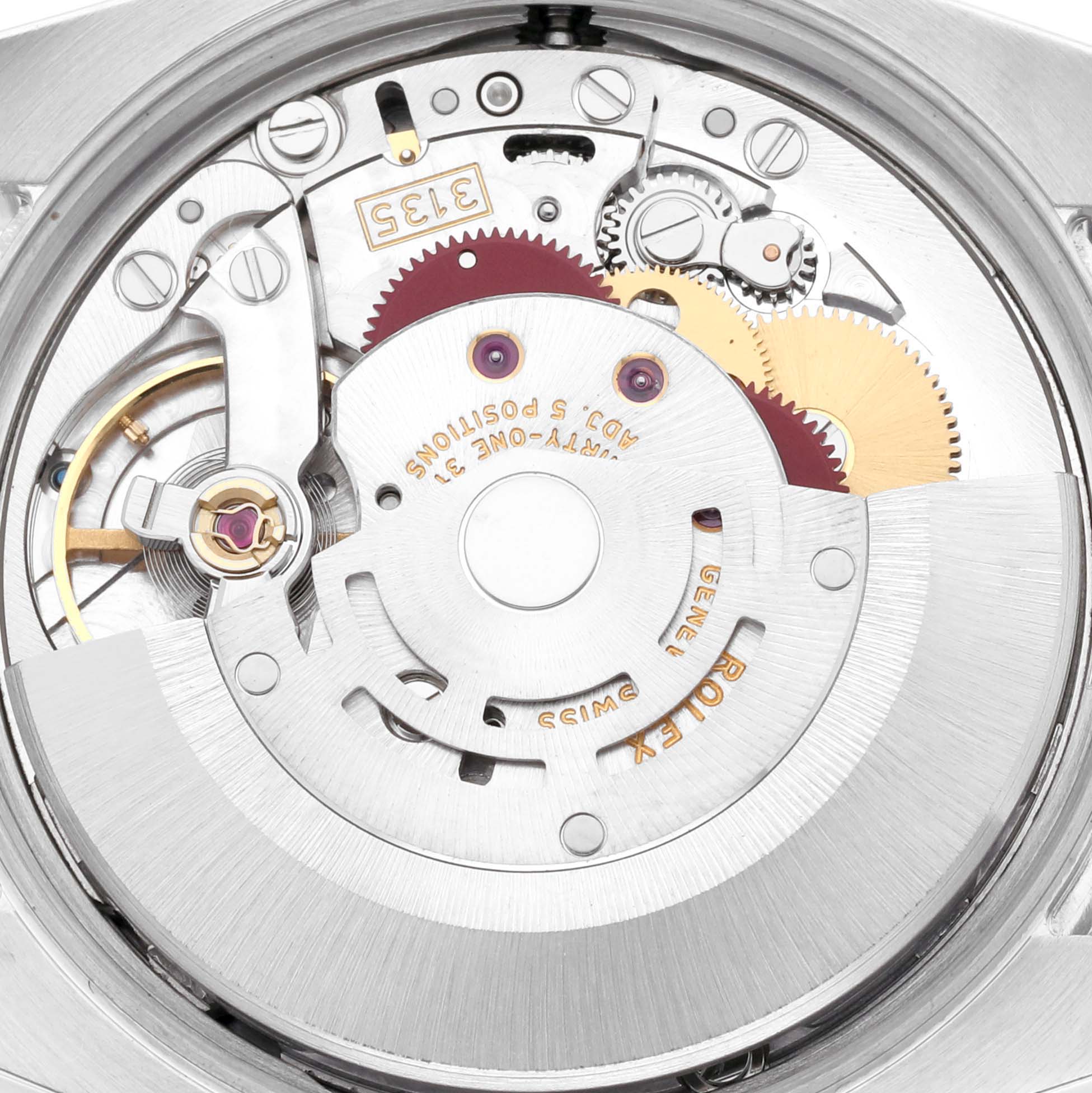 This image shows the intricate movement and internal components of a Rolex Date 115200 Men's Stainless Steel White Dial 115200 Men's Stainless Steel White Dial model watch from a top-down angle.