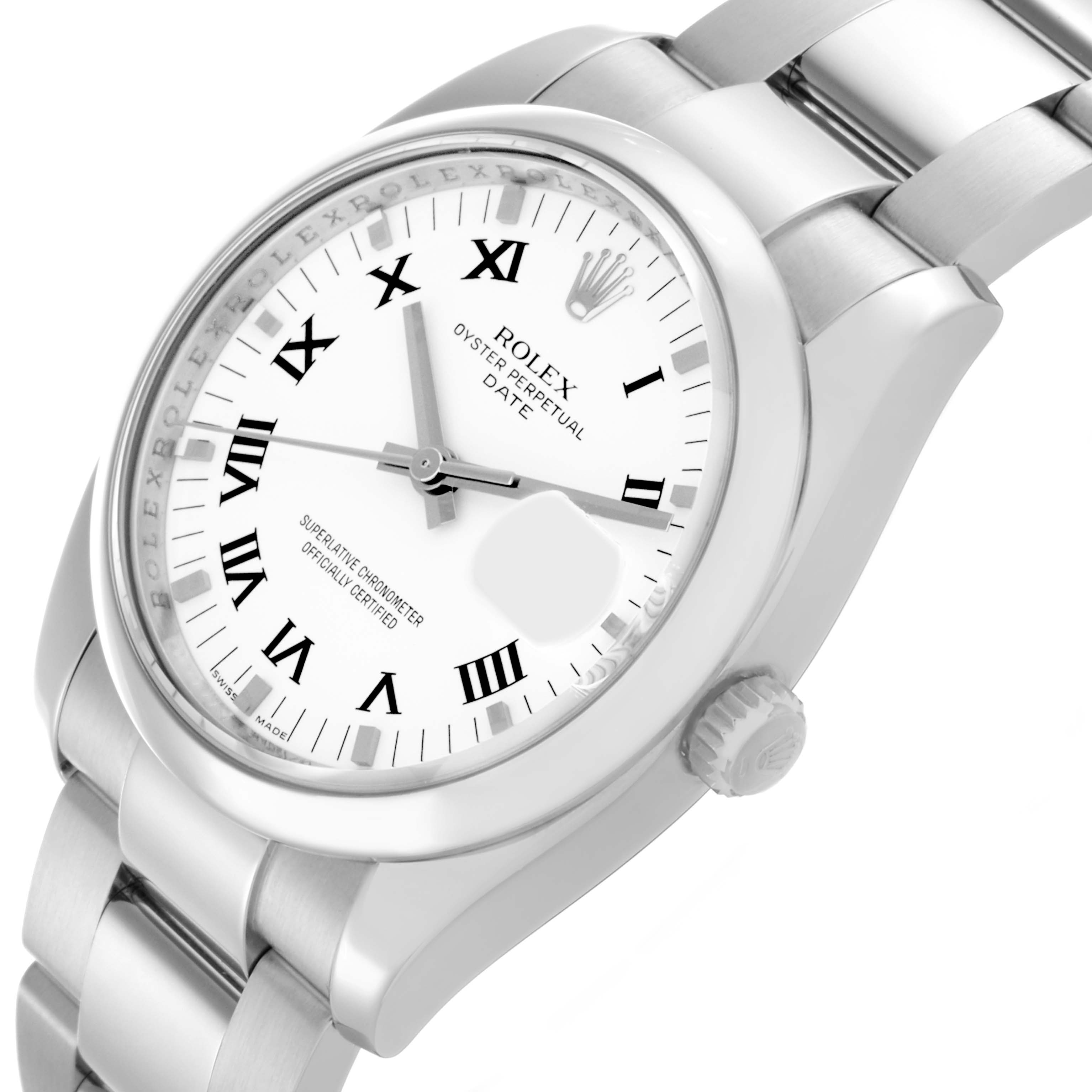 The Rolex Date 115200 Men's Stainless Steel White Dial 115200 Men's Stainless Steel White Dial watch is shown at a three-quarter angle, highlighting the dial, bezel, and part of the bracelet.