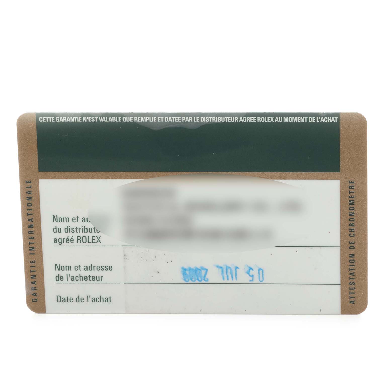 The image shows a warranty card for a Rolex Date 115200 Men's Stainless Steel White Dial 115200 Men's Stainless Steel White Dial model, displaying its front side with blurred personal details.