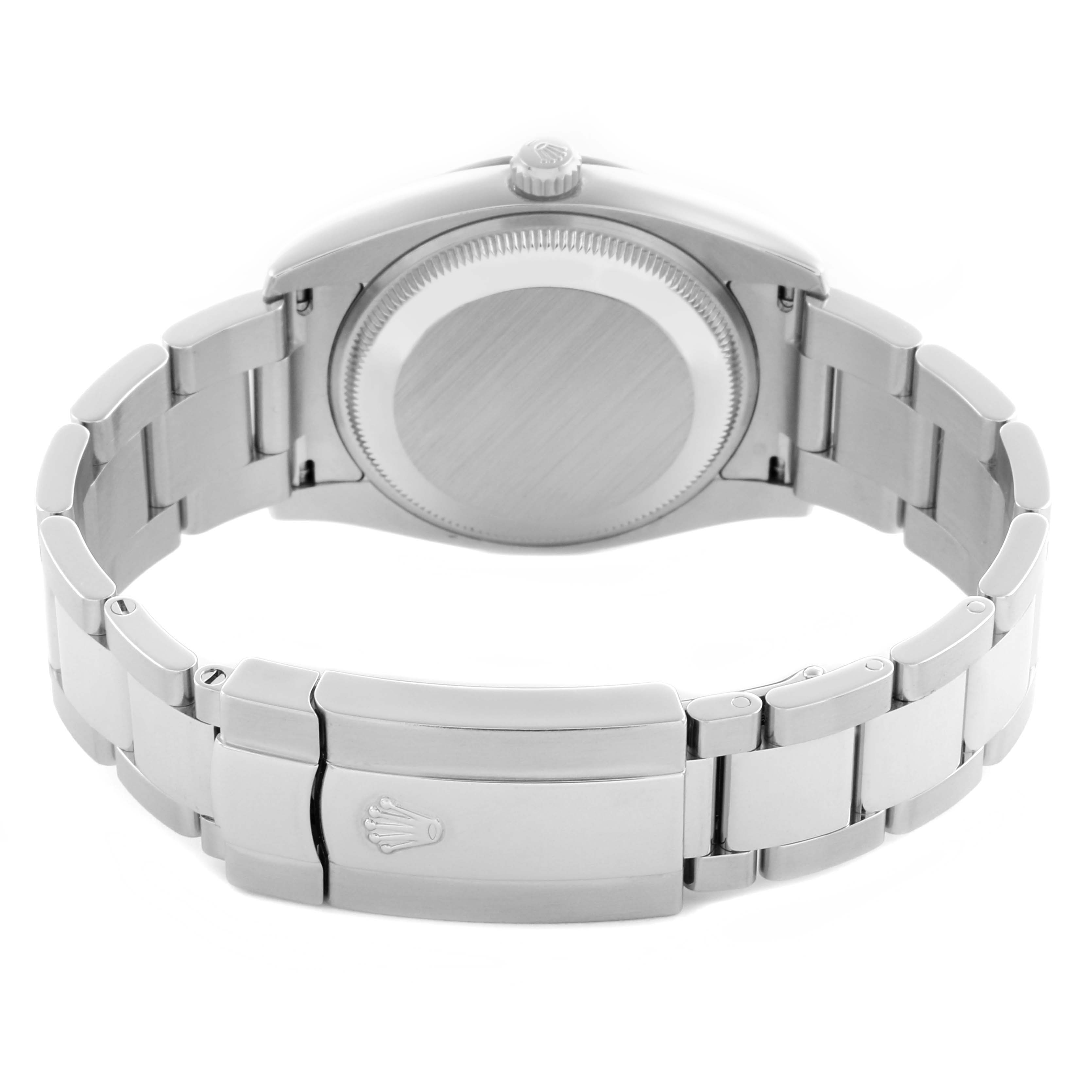 The image shows the back of a Rolex Date 115200 Men's Stainless Steel White Dial 115200 Men's Stainless Steel White Dial watch, featuring the case back and clasp of the bracelet.