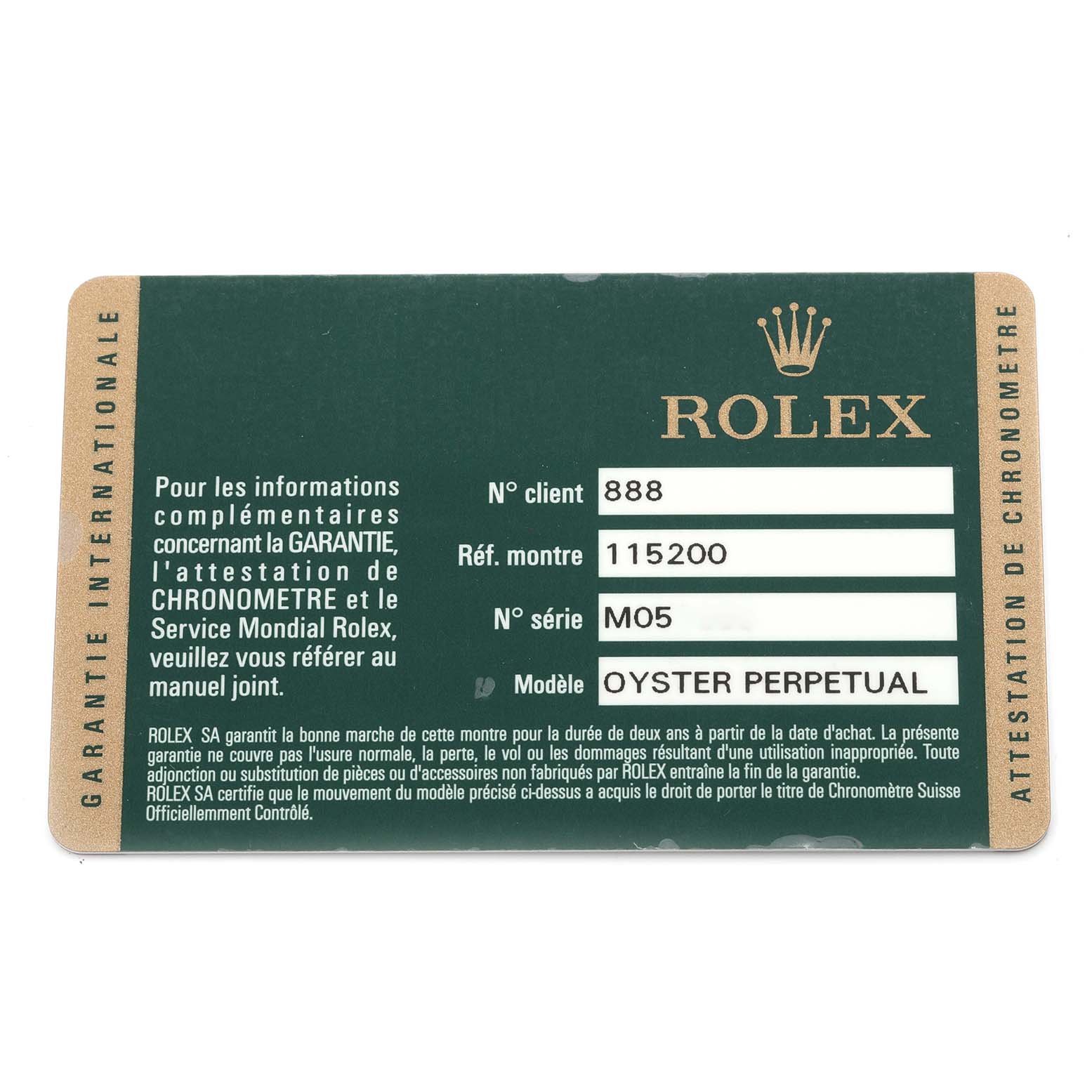 The image shows a warranty card for a Rolex Oyster Perpetual, displaying details like model and serial numbers.