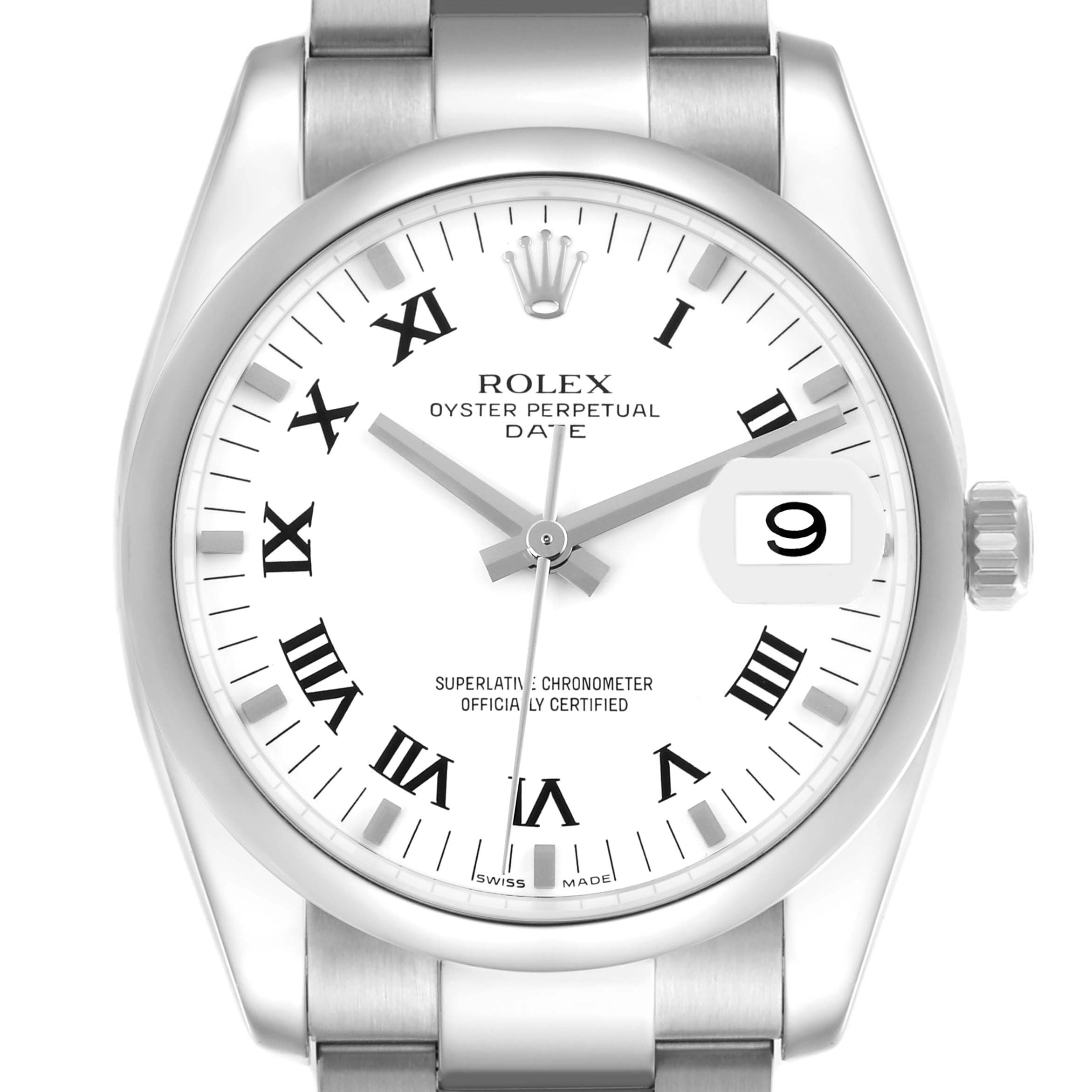 The Rolex Date 115200 Men's Stainless Steel White Dial 115200 Men's Stainless Steel White Dial model is shown from the front, highlighting the dial, date window, and part of the bracelet.