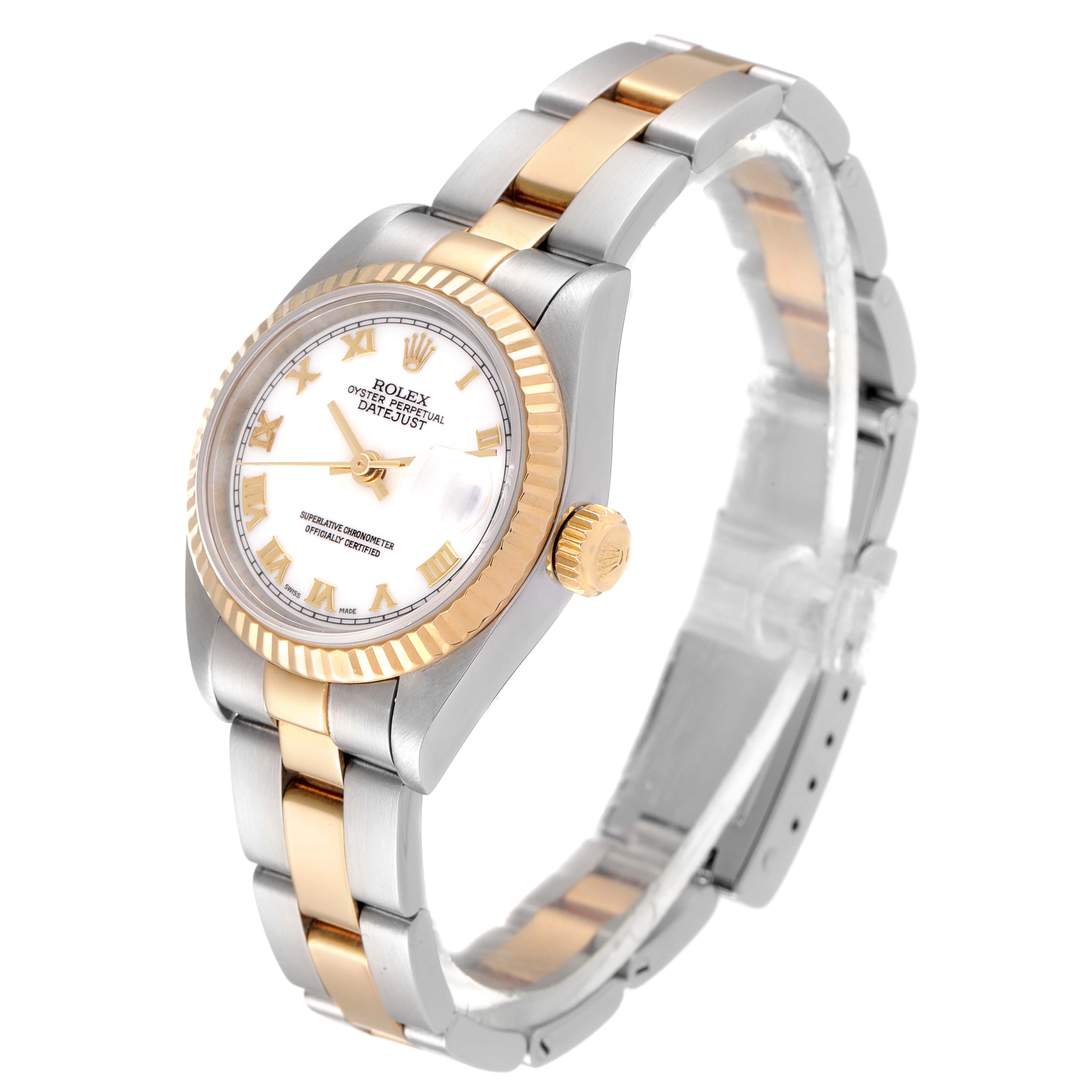 The Rolex Datejust 79173 Women's Steel and Gold (two tone) White Dial 79173 Women's Steel and Gold (two tone) White Dial watch is shown at a front-side angle, highlighting its face, bezel, and two-tone bracelet.